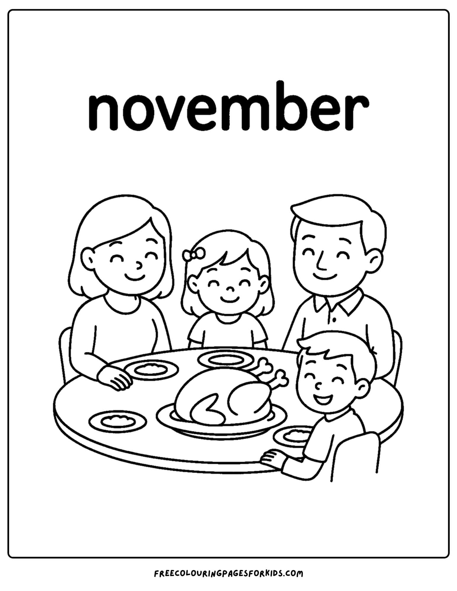 a november coloring page of a family having a meal at a table
