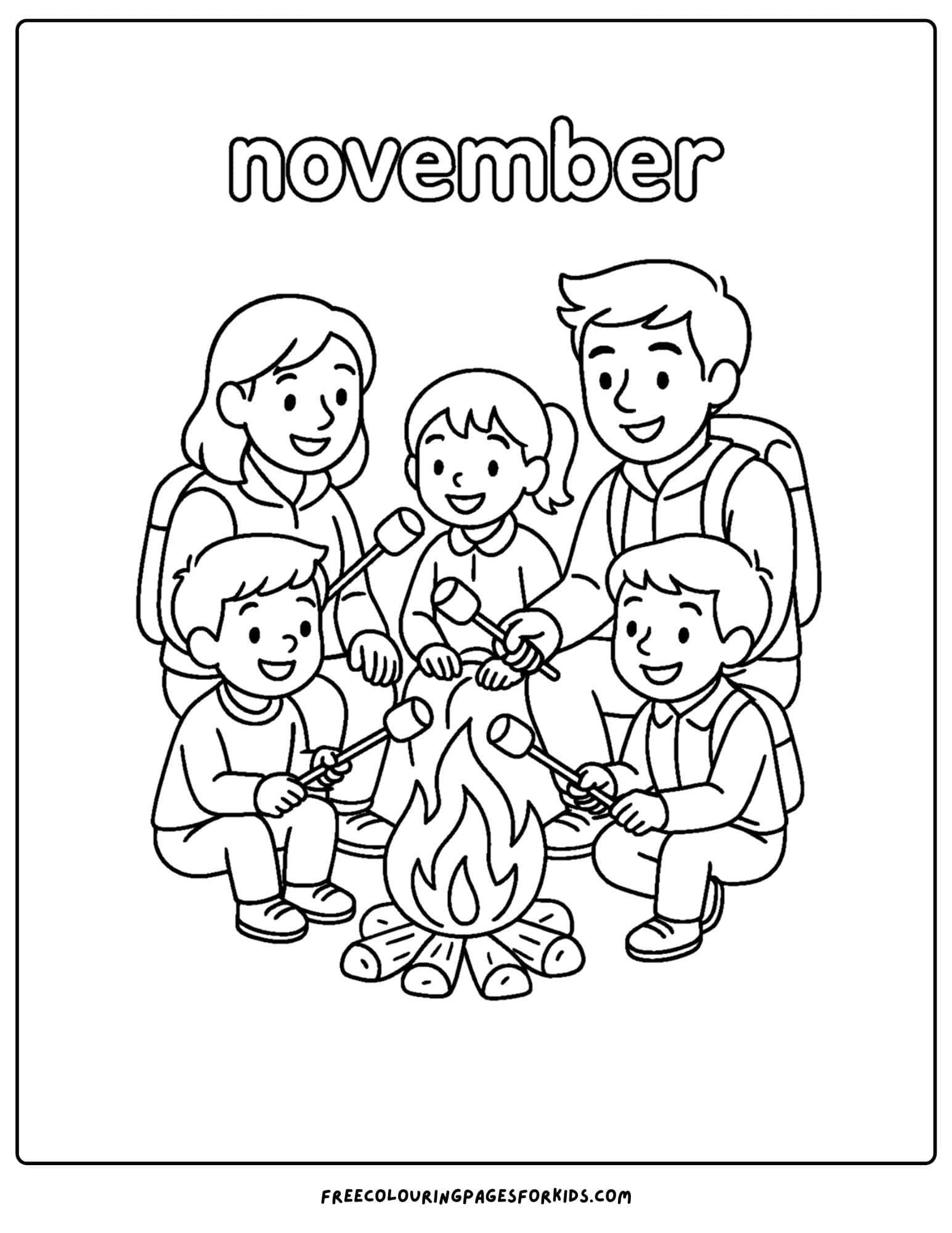 a november coloring page of a family around a campfire