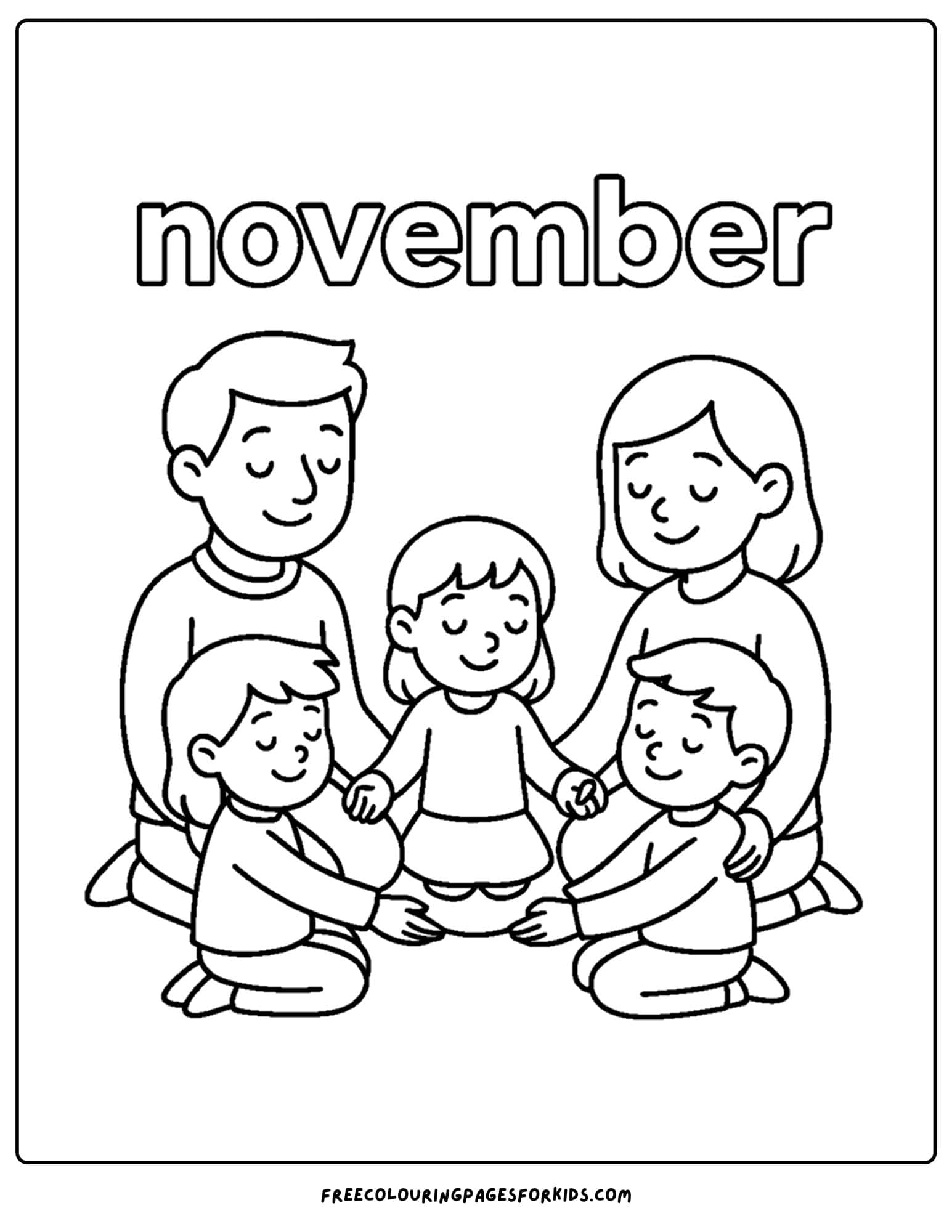 a november coloring page of a family thankfulness circle