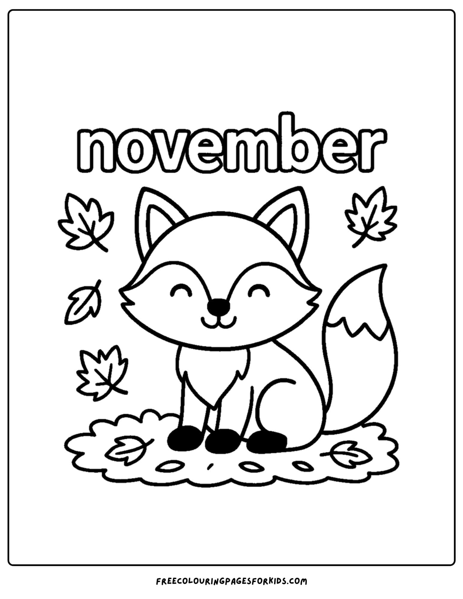a november coloring page of a fox in fall leaves