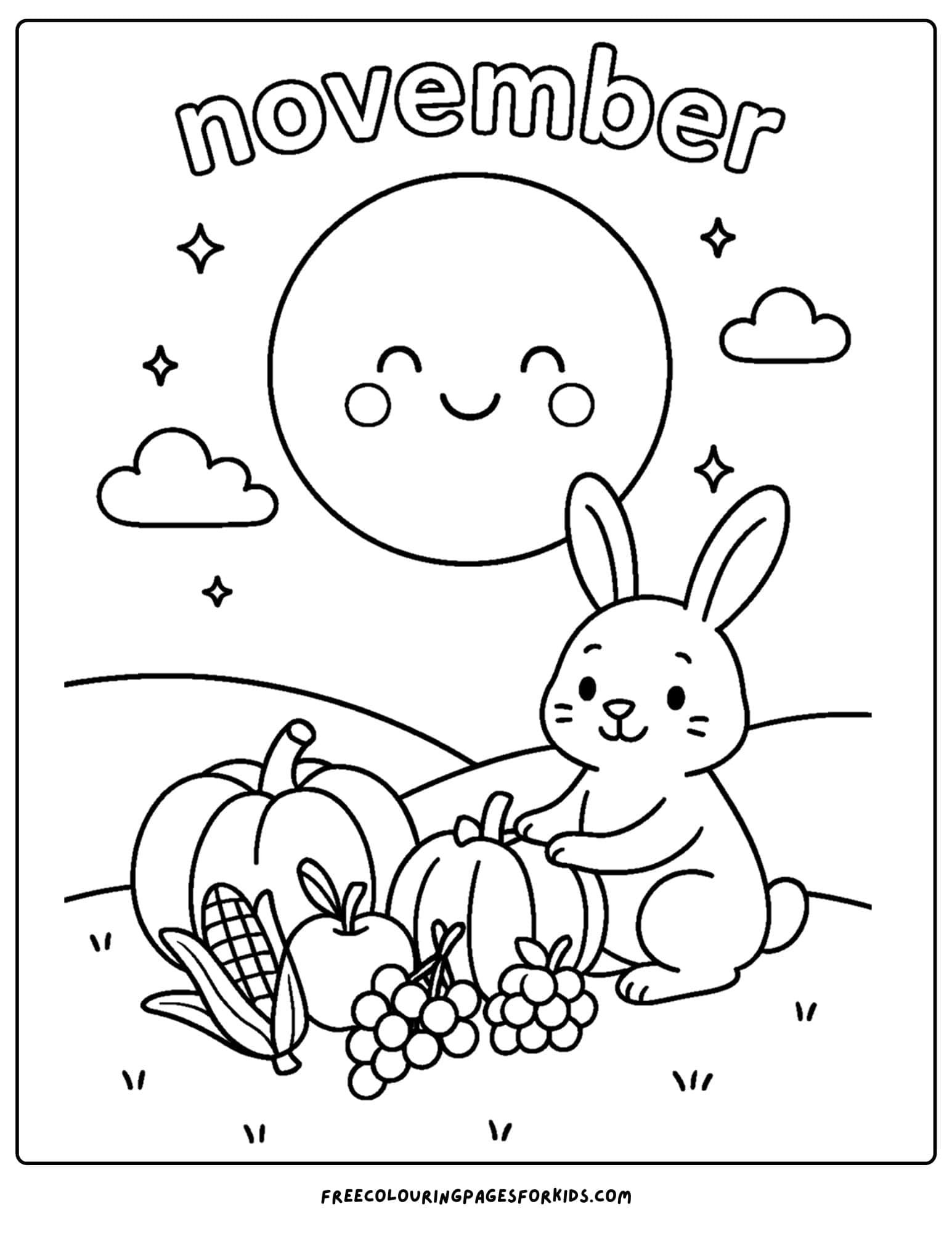 a november coloring page of a happy harvest moon