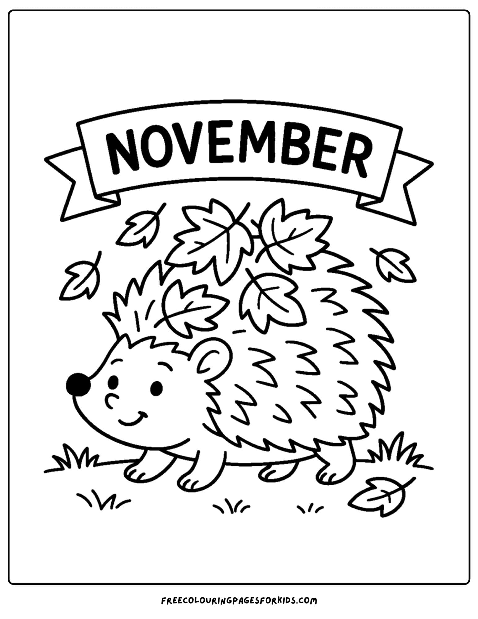 a november coloring page of a hedgehog with leaves
