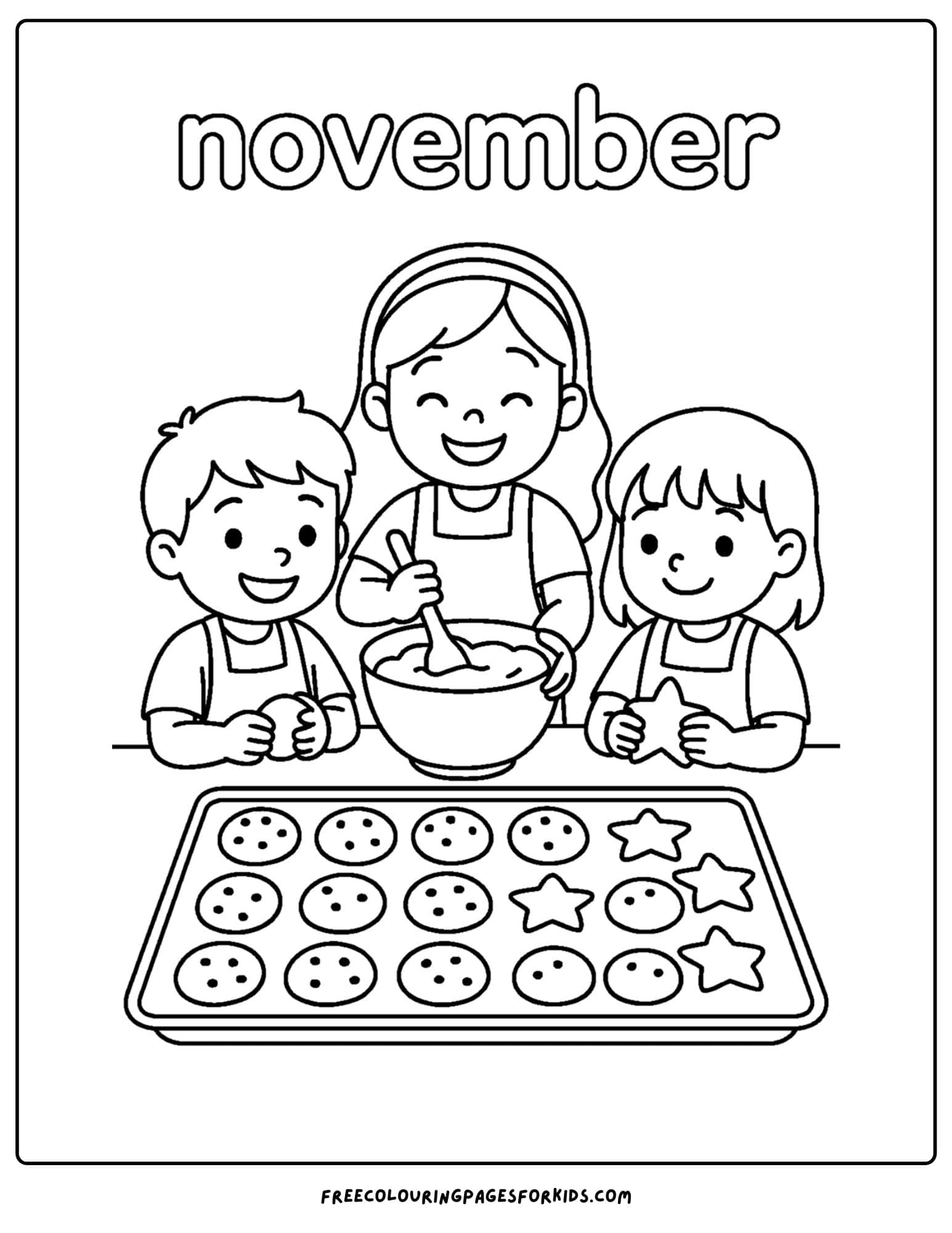 a november coloring page of kids baking cookies