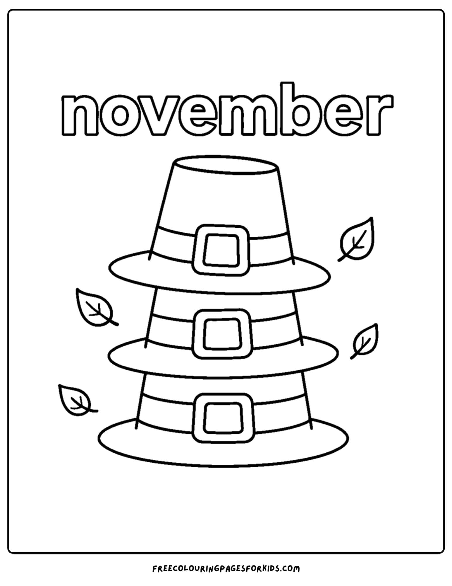 a november coloring page of a stack of pilgrim hats