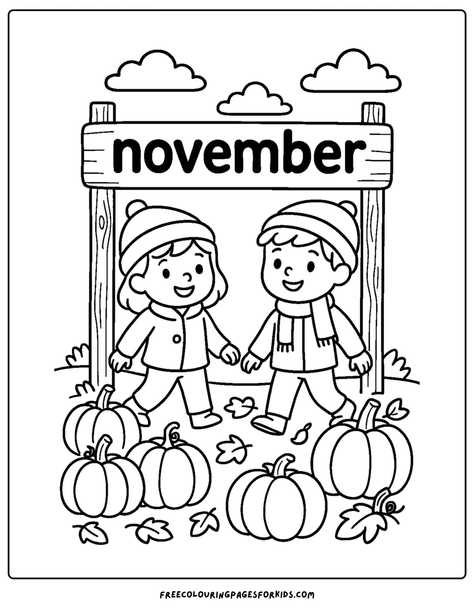 a november coloring page of kids in a pumpkin patch