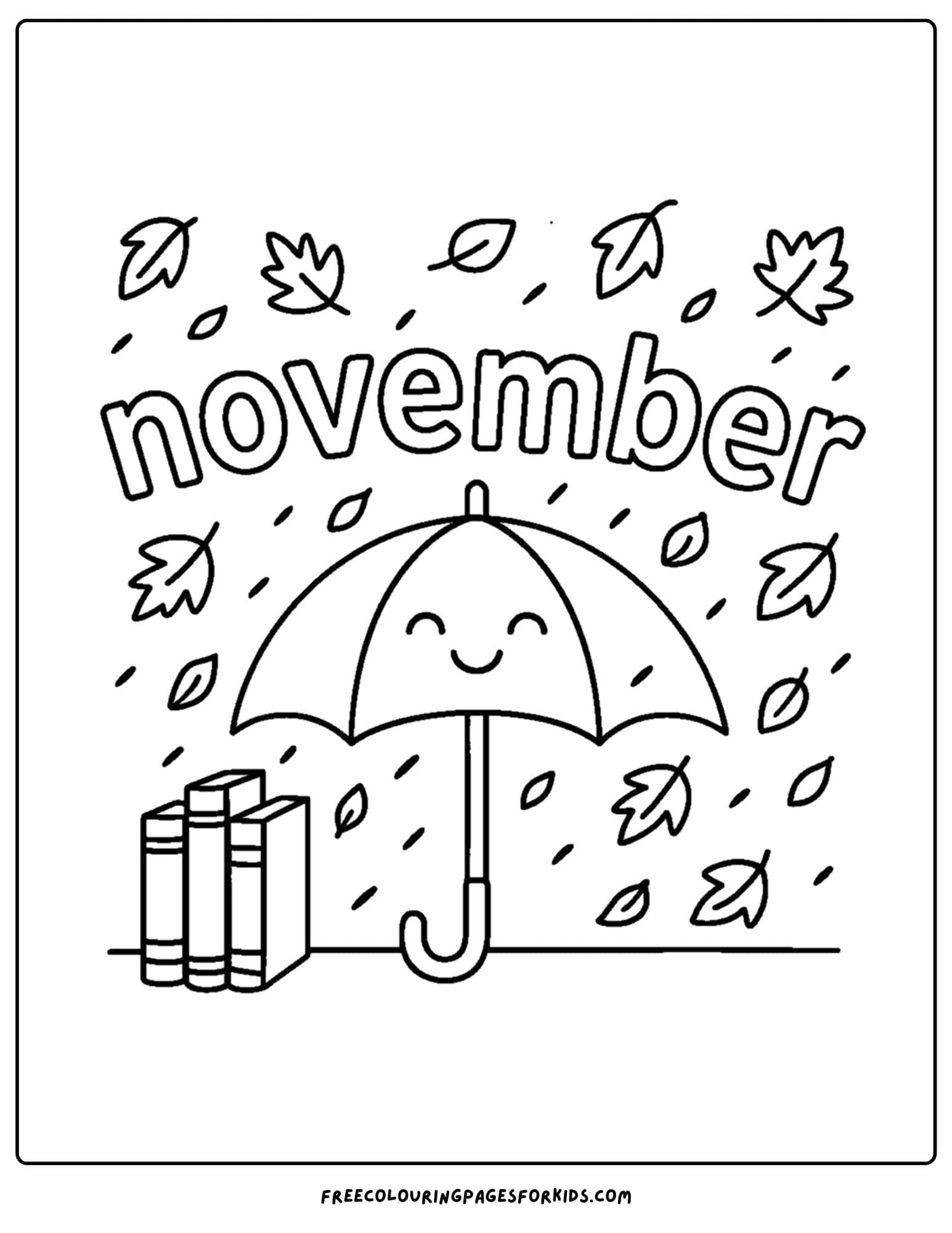 a november coloring page of an umbrella with leaves raining down