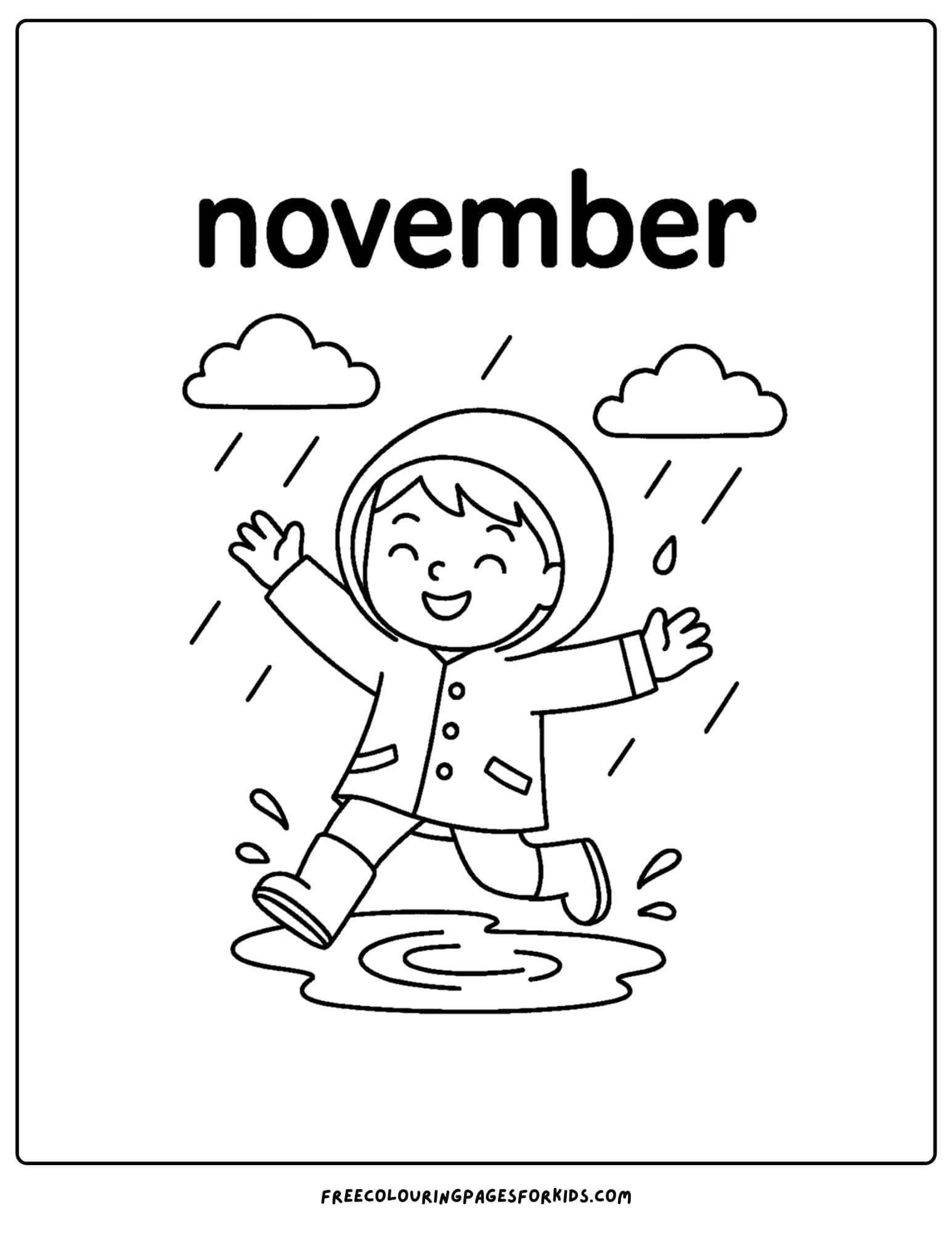 a november coloring page of a child splashing in the rain