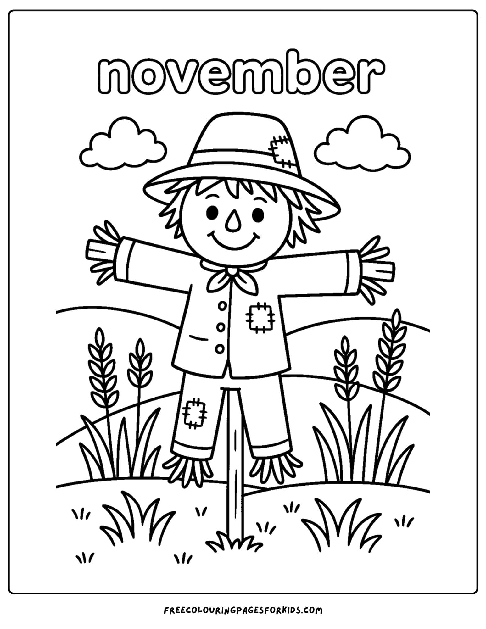 a november coloring page of a scarecrow
