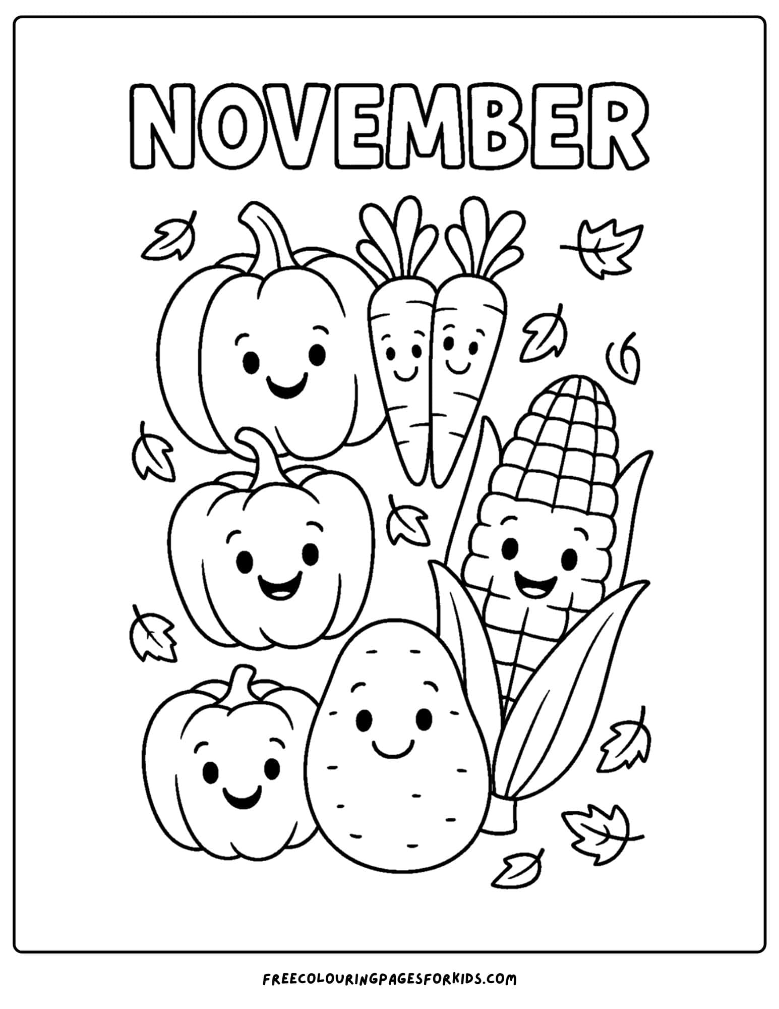 a november coloring page of a collection of smiling kawaii harvest vegetables