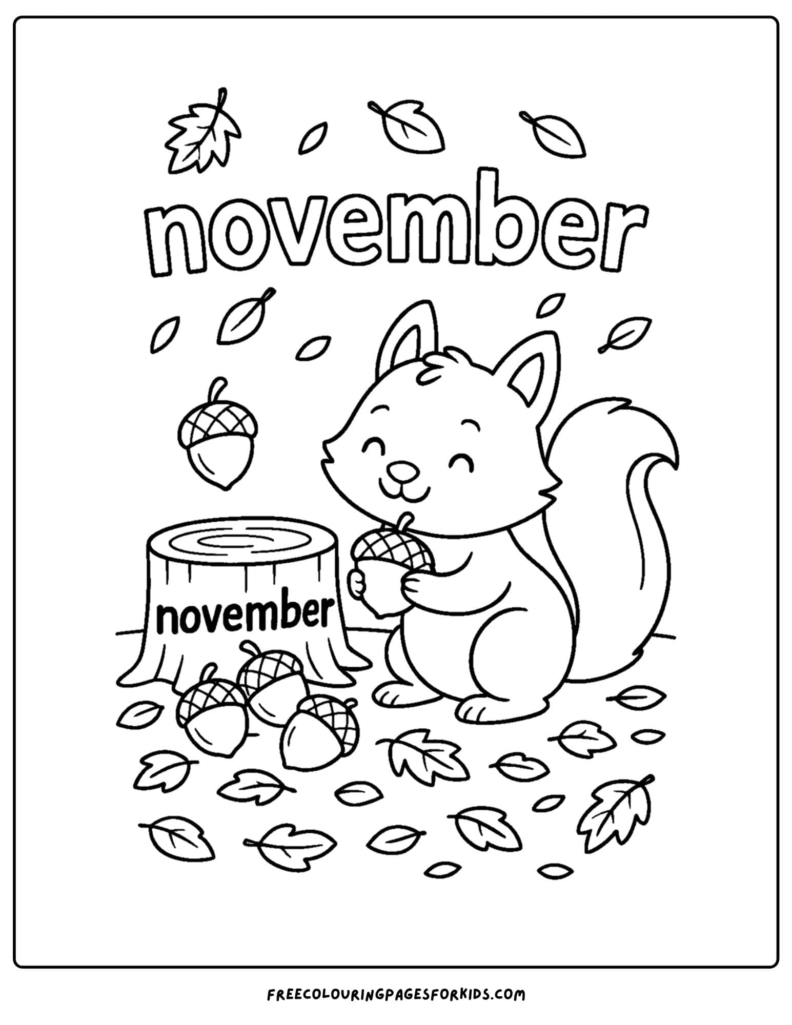 a november coloring page of a squirrel collecting acorns