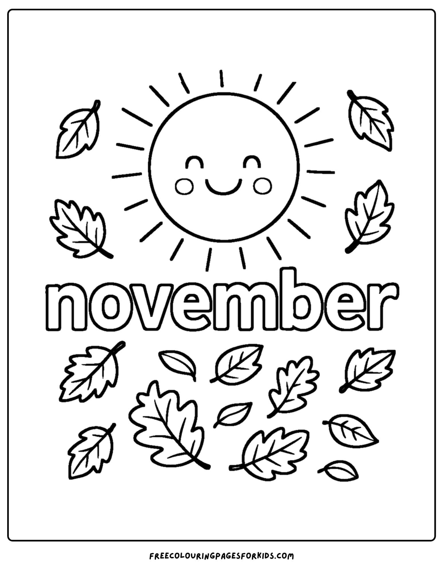 a november coloring page of a sun with falling leaves