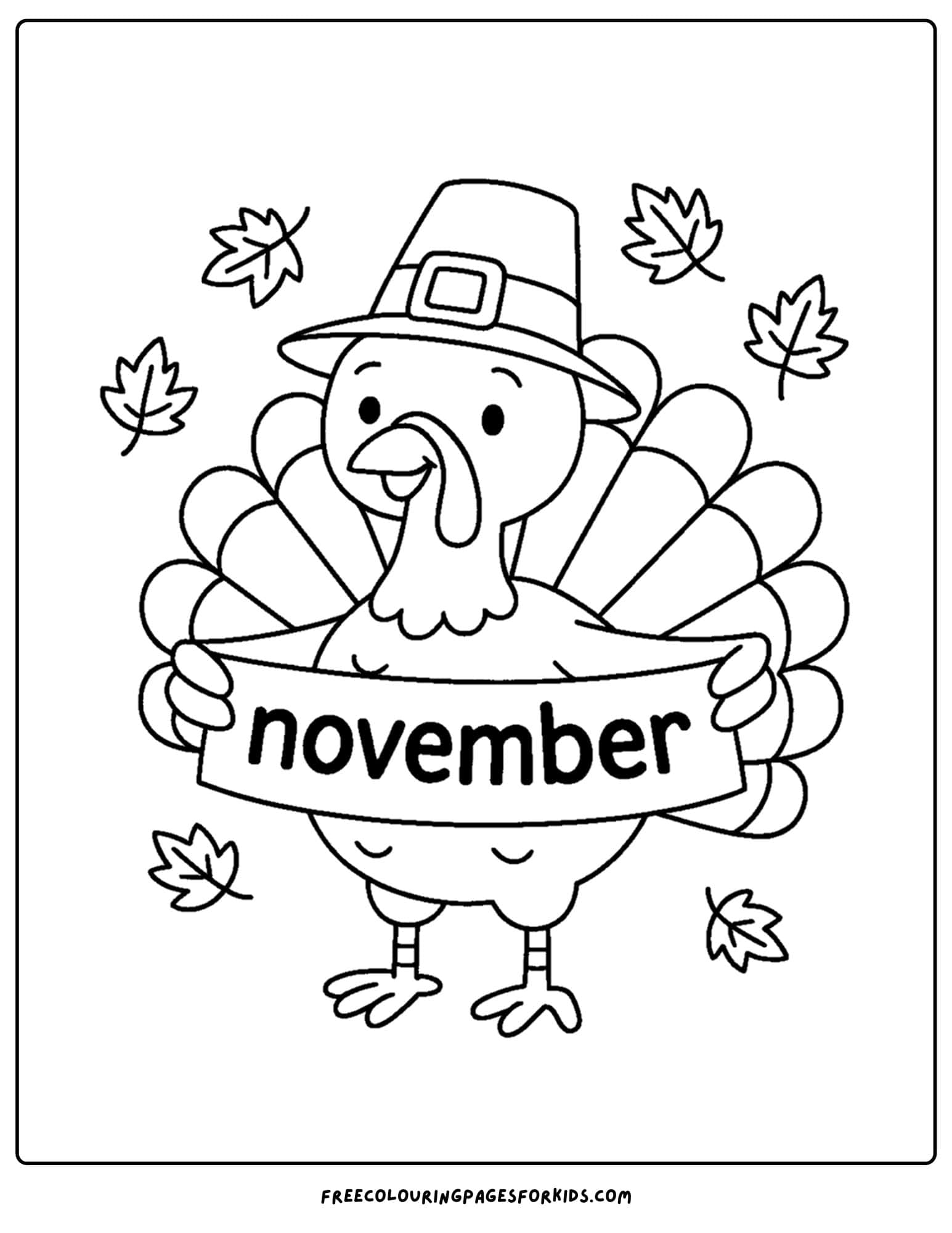 a november coloring page of a turkey holding a november sign