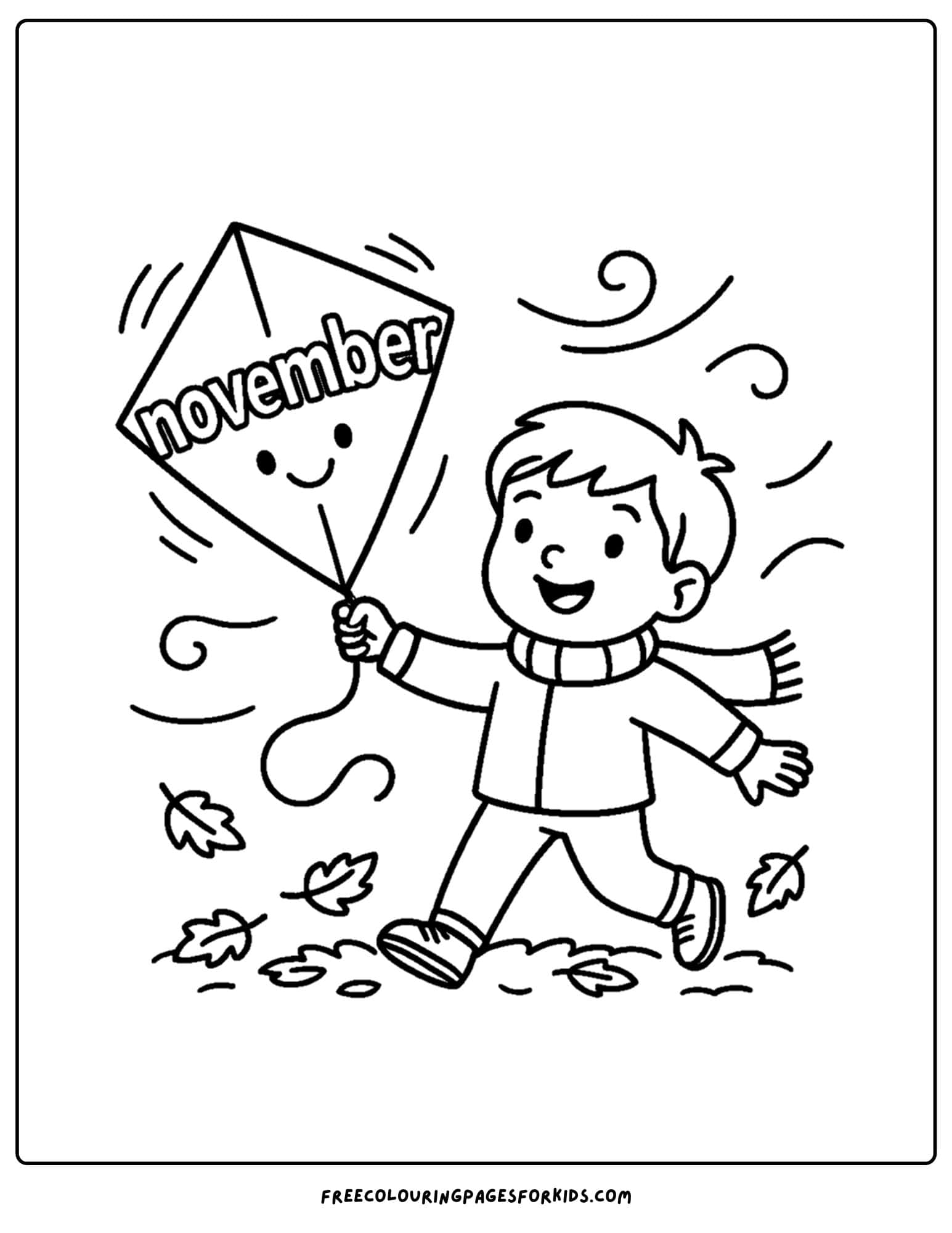 a november coloring page of a child flying a kite