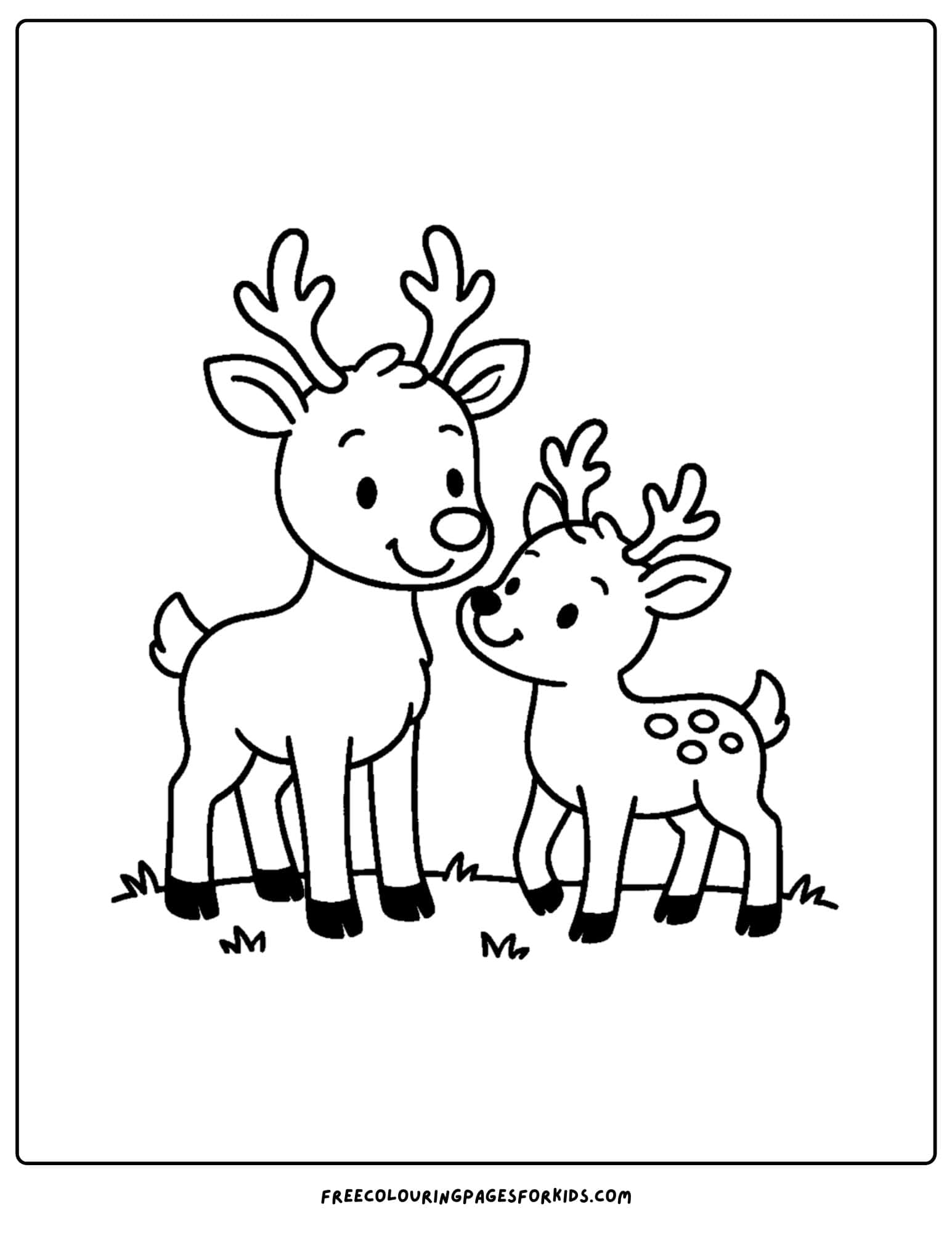 a reindeer coloring page featuring a reindeer baby and mother together