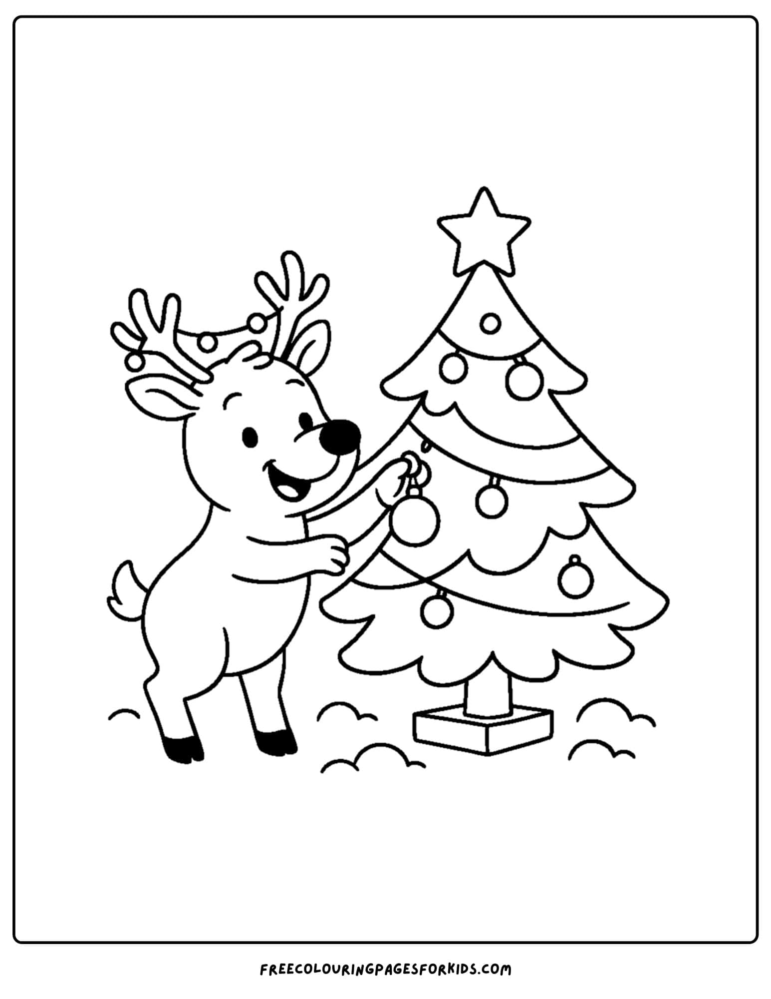 a reindeer coloring page featuring a reindeer decorating a christmas tree
