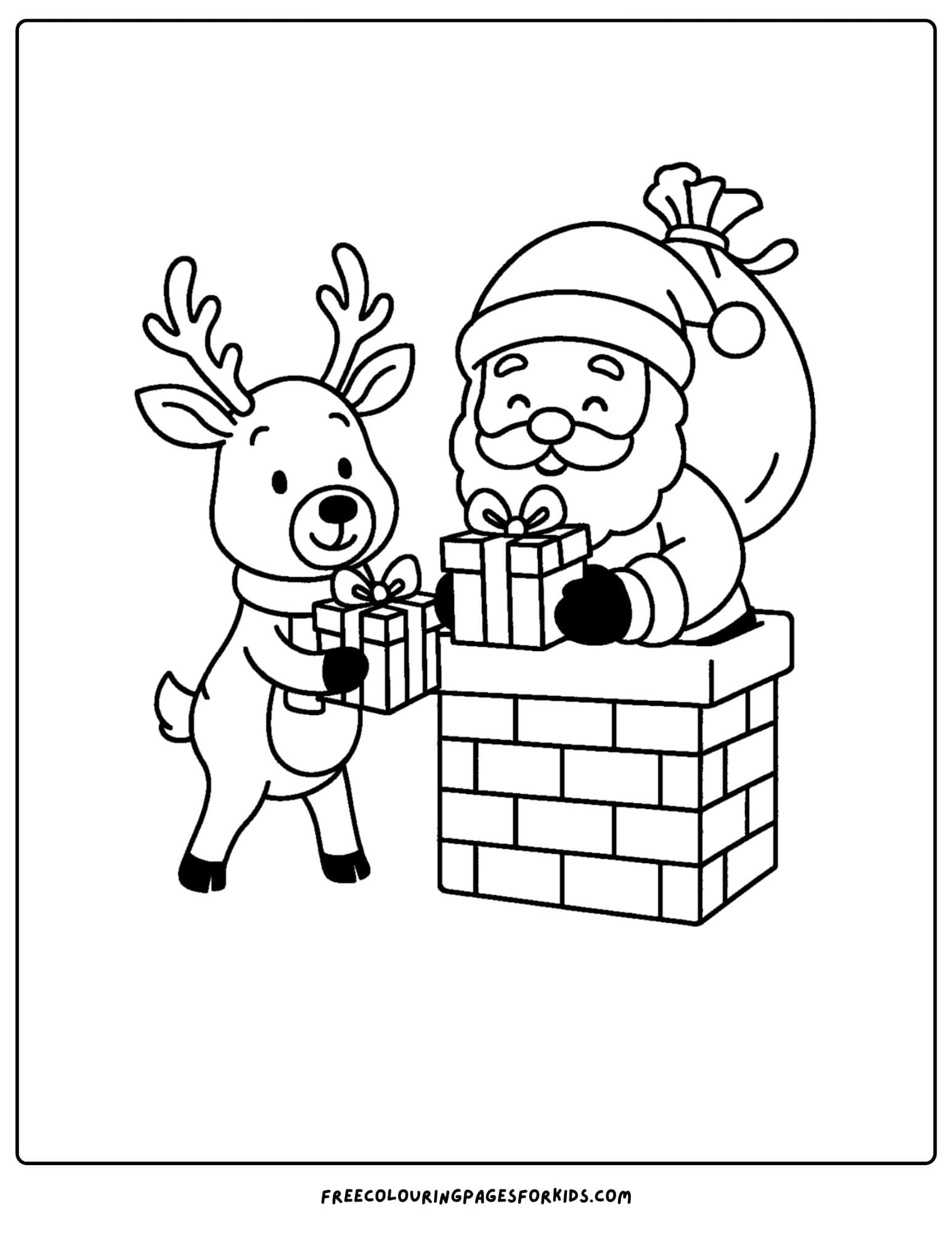 a reindeer coloring page featuring a reindeer helping santa with presents down the chimney