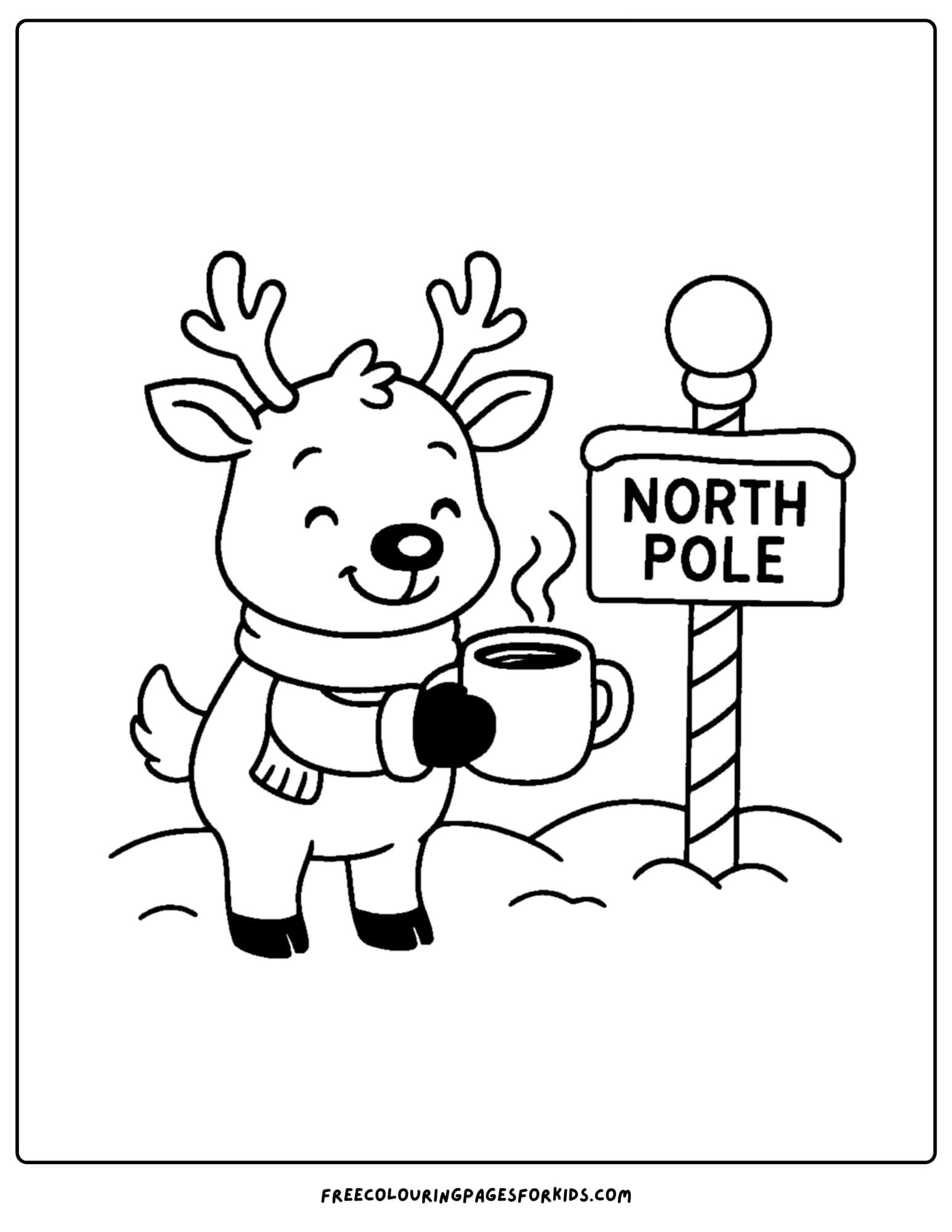 a reindeer coloring page featuring a reindeer at the north pole drinking hot cocoa
