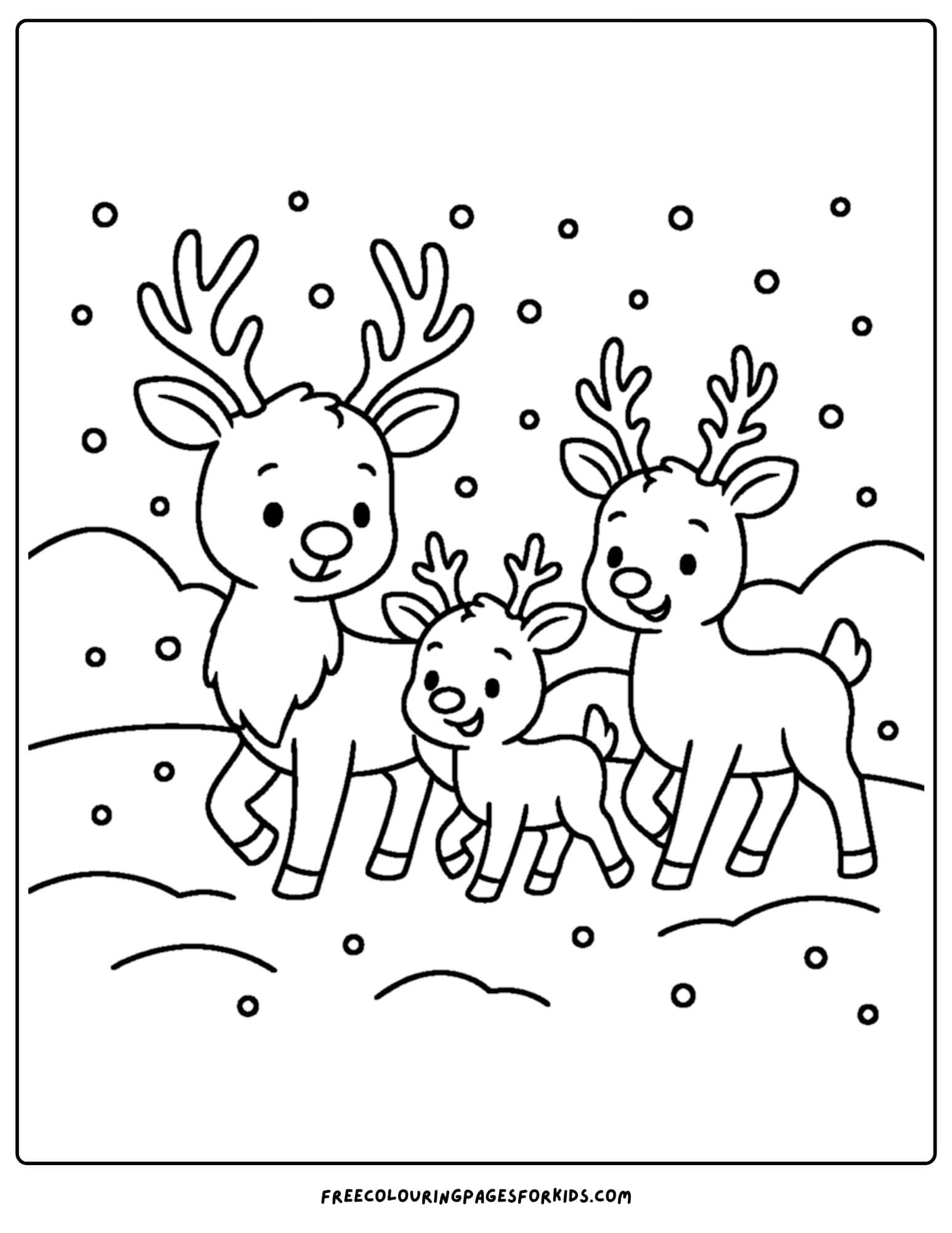 a reindeer coloring page featuring a reindeer family in the snow