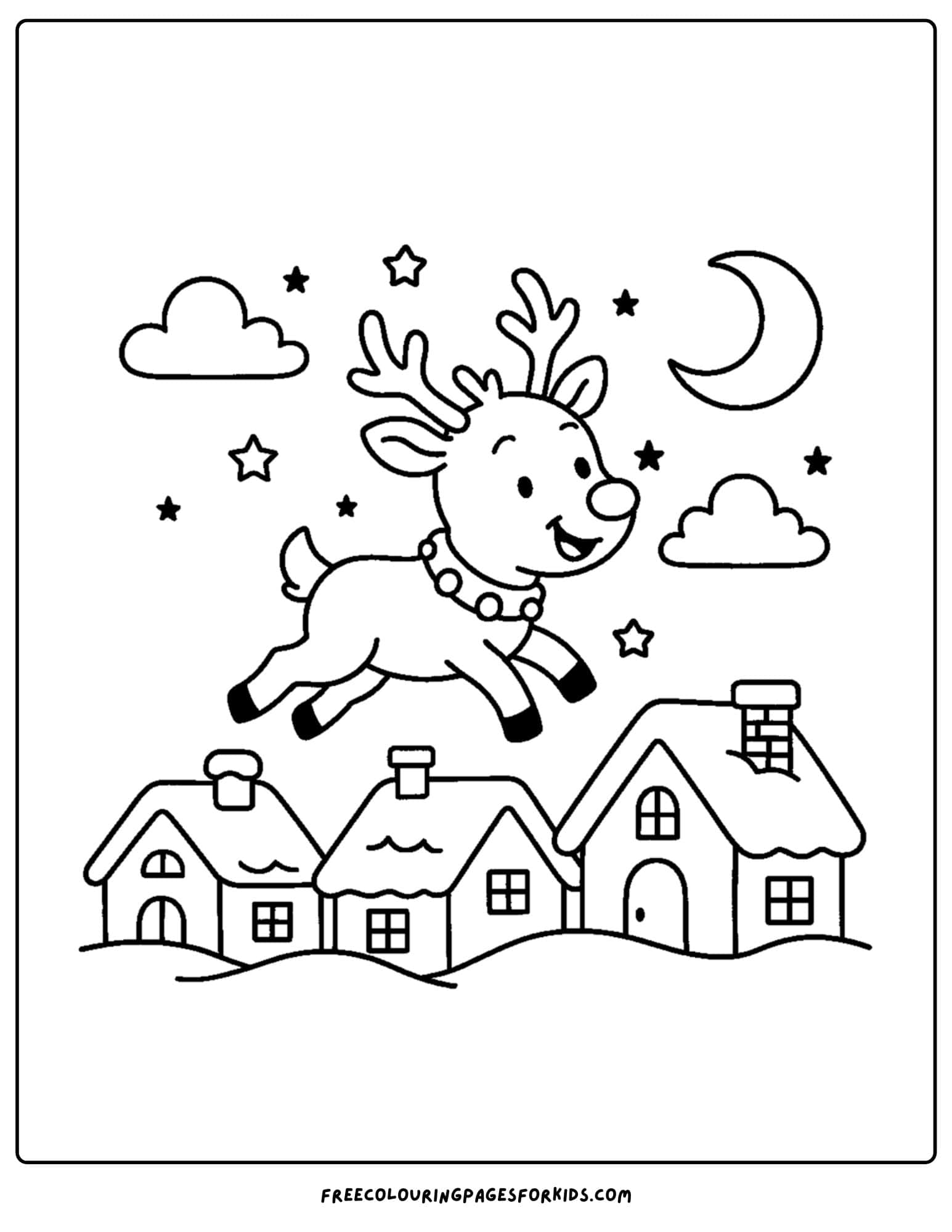 a reindeer coloring page featuring a reindeer flying over a town