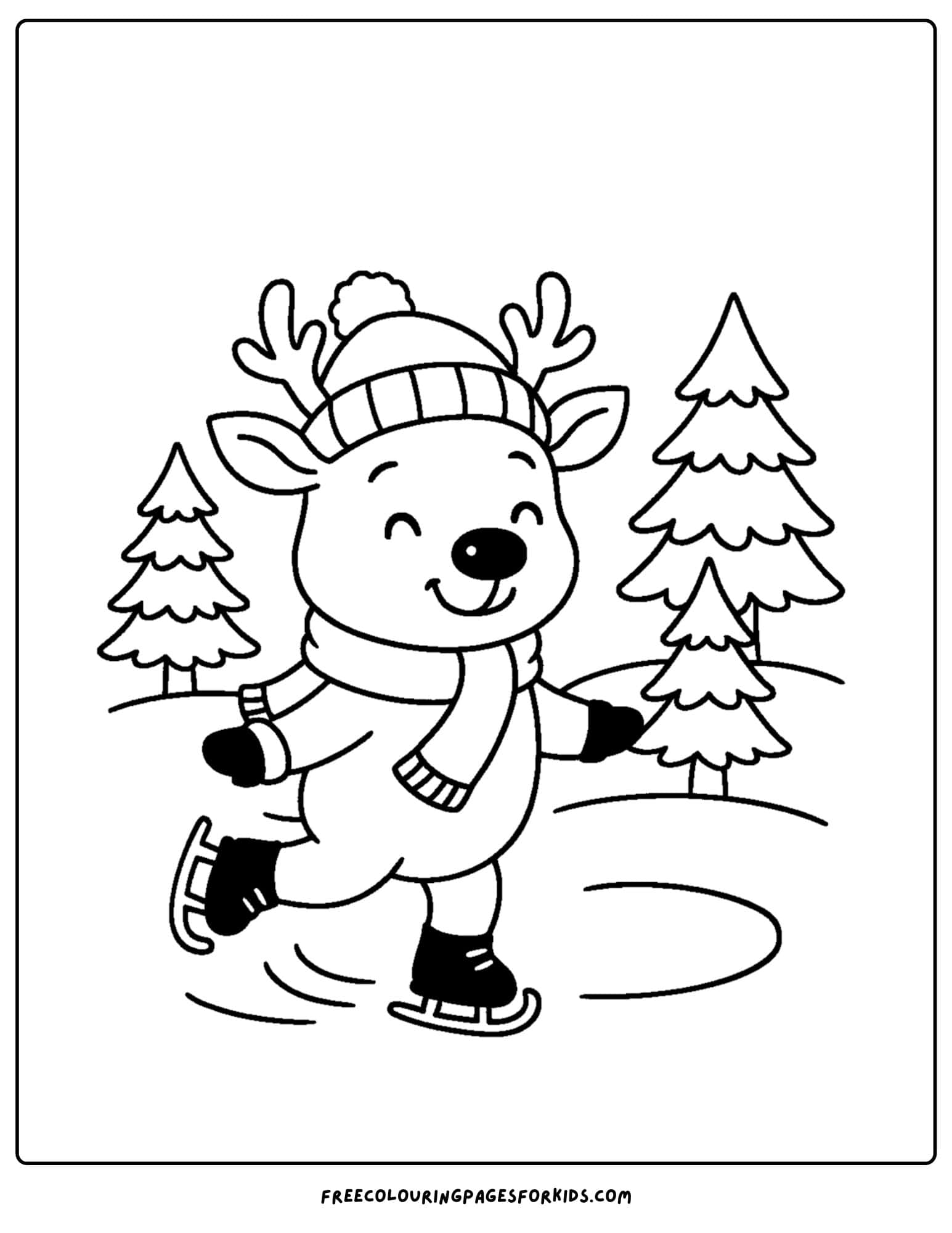 a reindeer coloring page featuring a reindeer ice skating