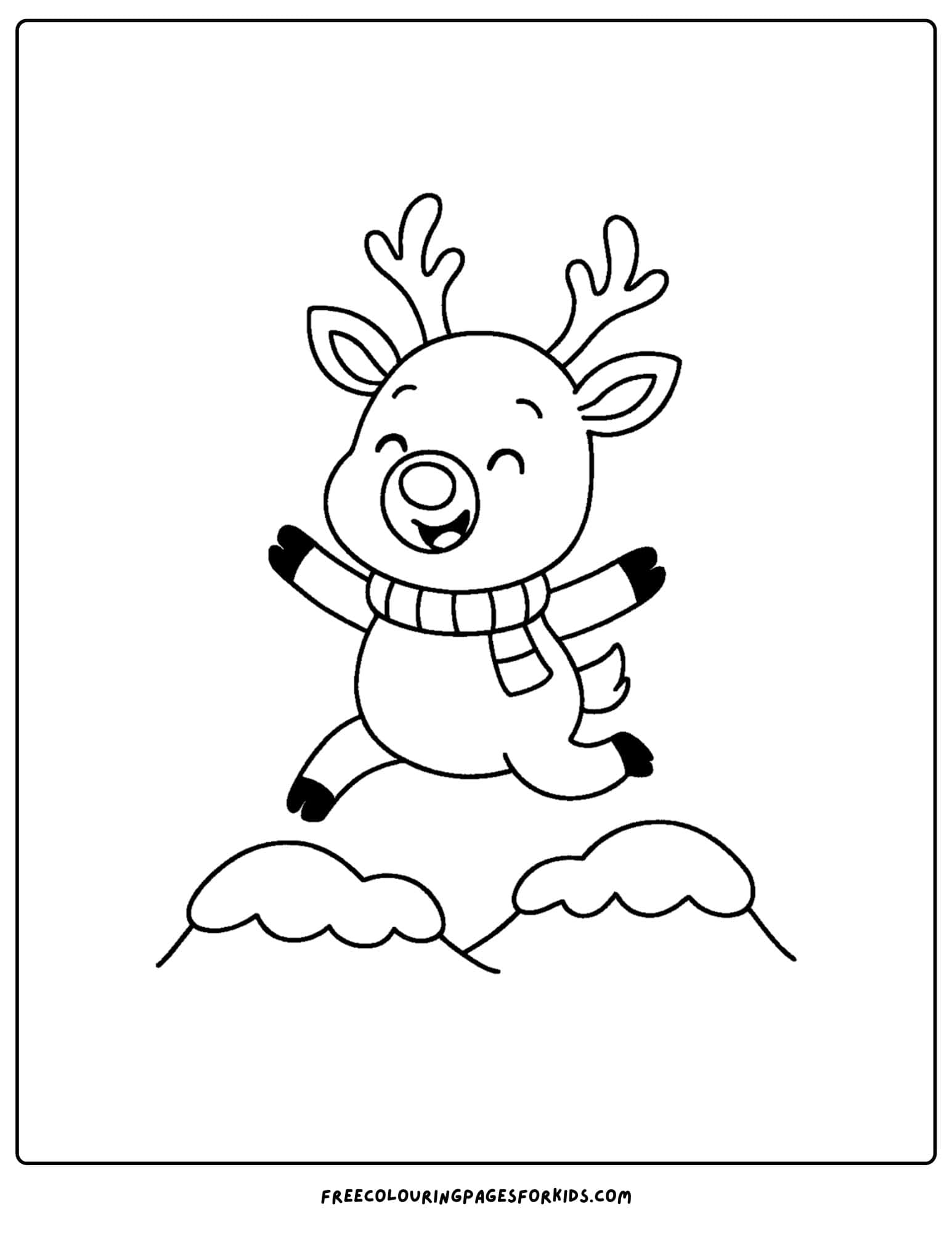 a reindeer coloring page featuring a reindeer jumping over snow