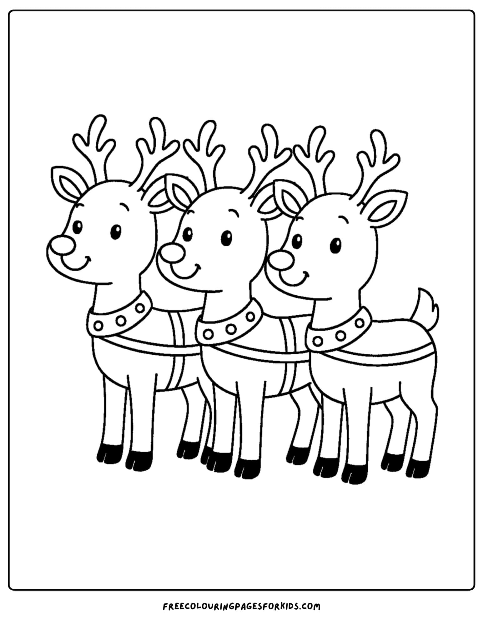 a reindeer coloring page featuring reindeer lined up ready for christmas night