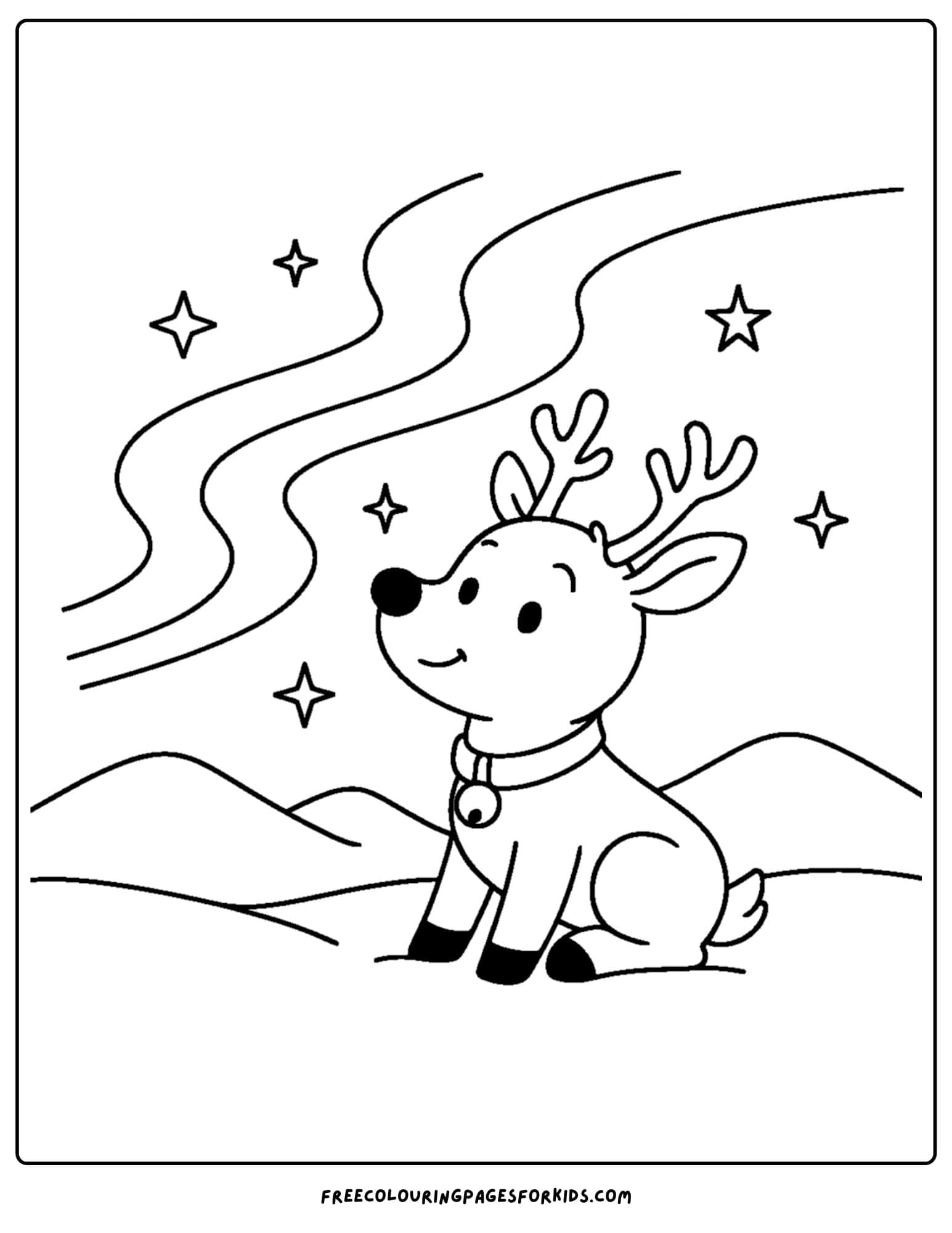 a reindeer coloring page featuring a reindeer looking at the northern lights