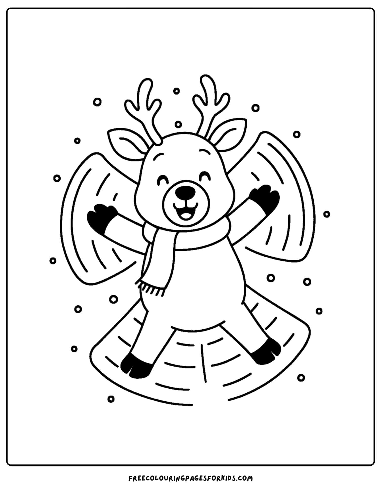 a reindeer coloring page featuring a reindeer making a snow angel