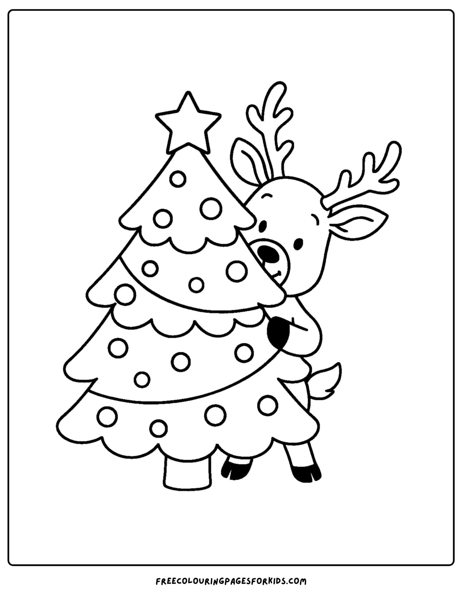 a reindeer coloring page featuring a reindeer behind a christmas tree
