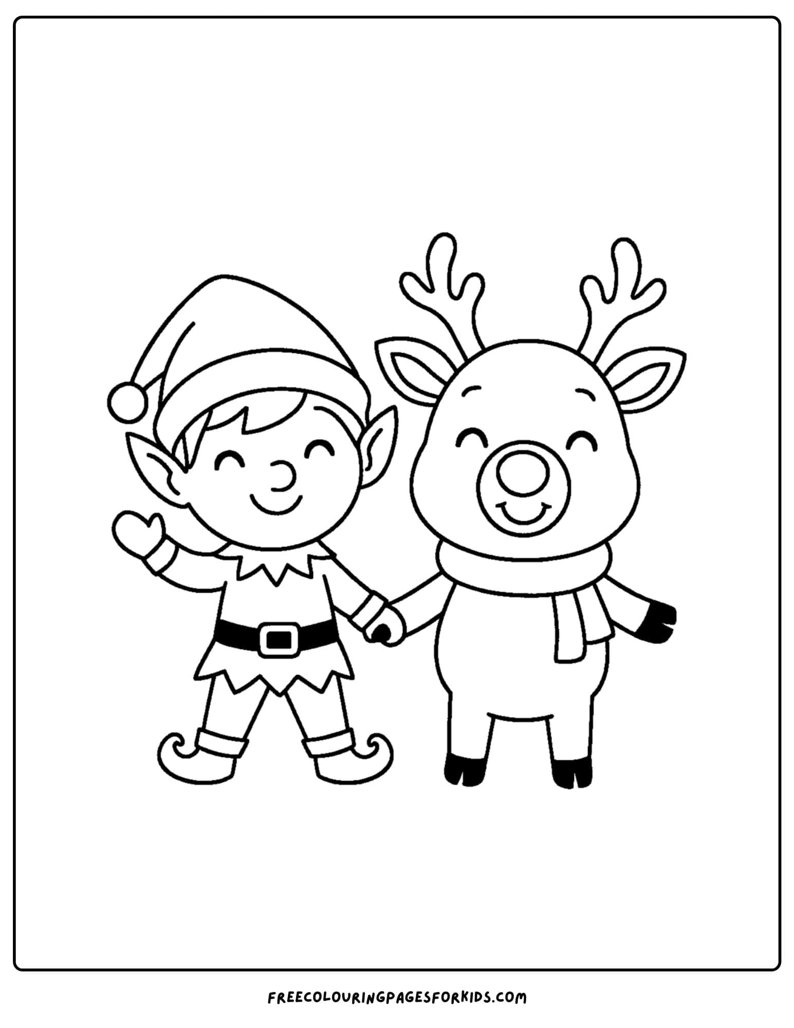 a reindeer coloring page featuring reindeer and an elf waving