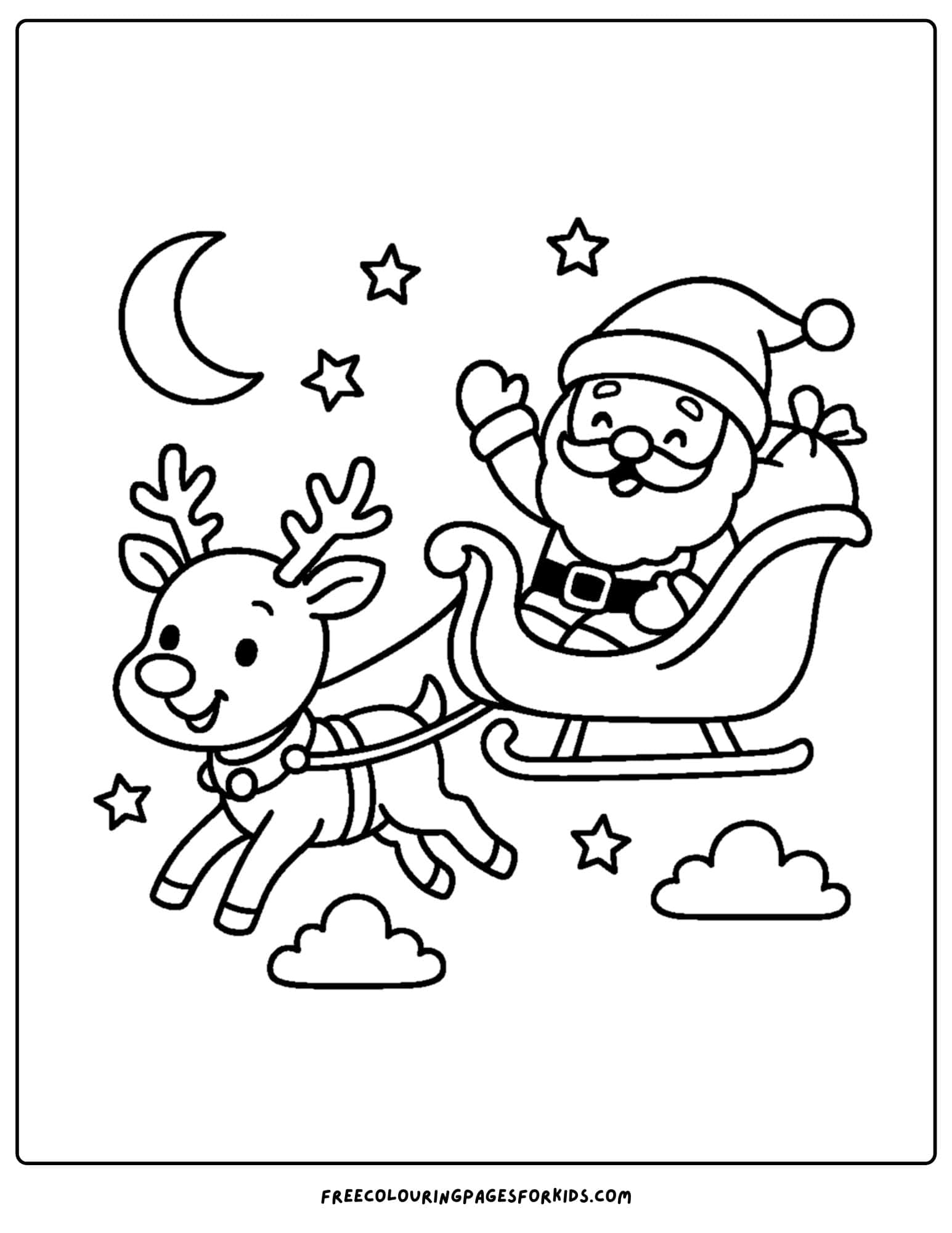 a reindeer coloring page featuring reindeer pulling santa's sleigh