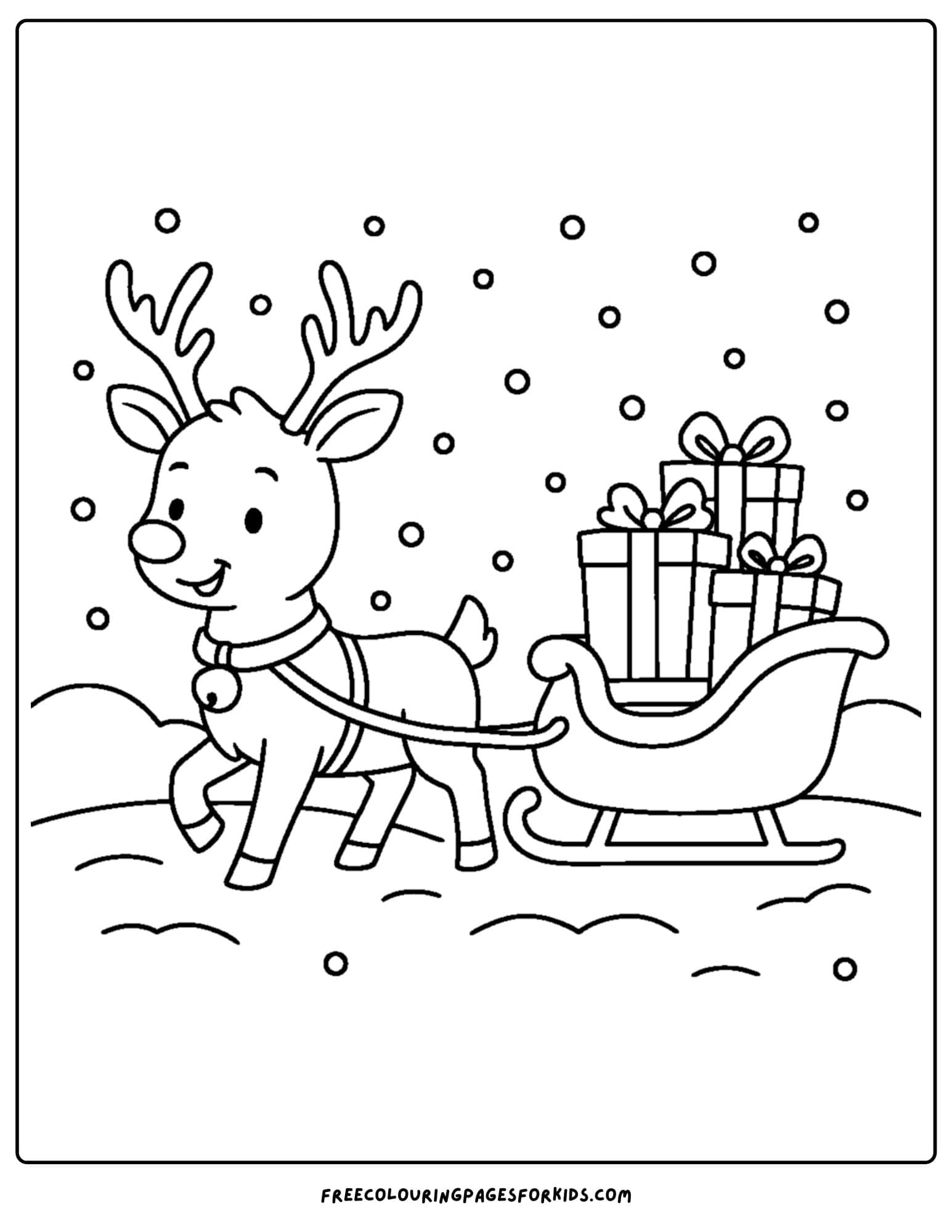 a reindeer coloring page featuring reindeer pulling the sleigh full of presents