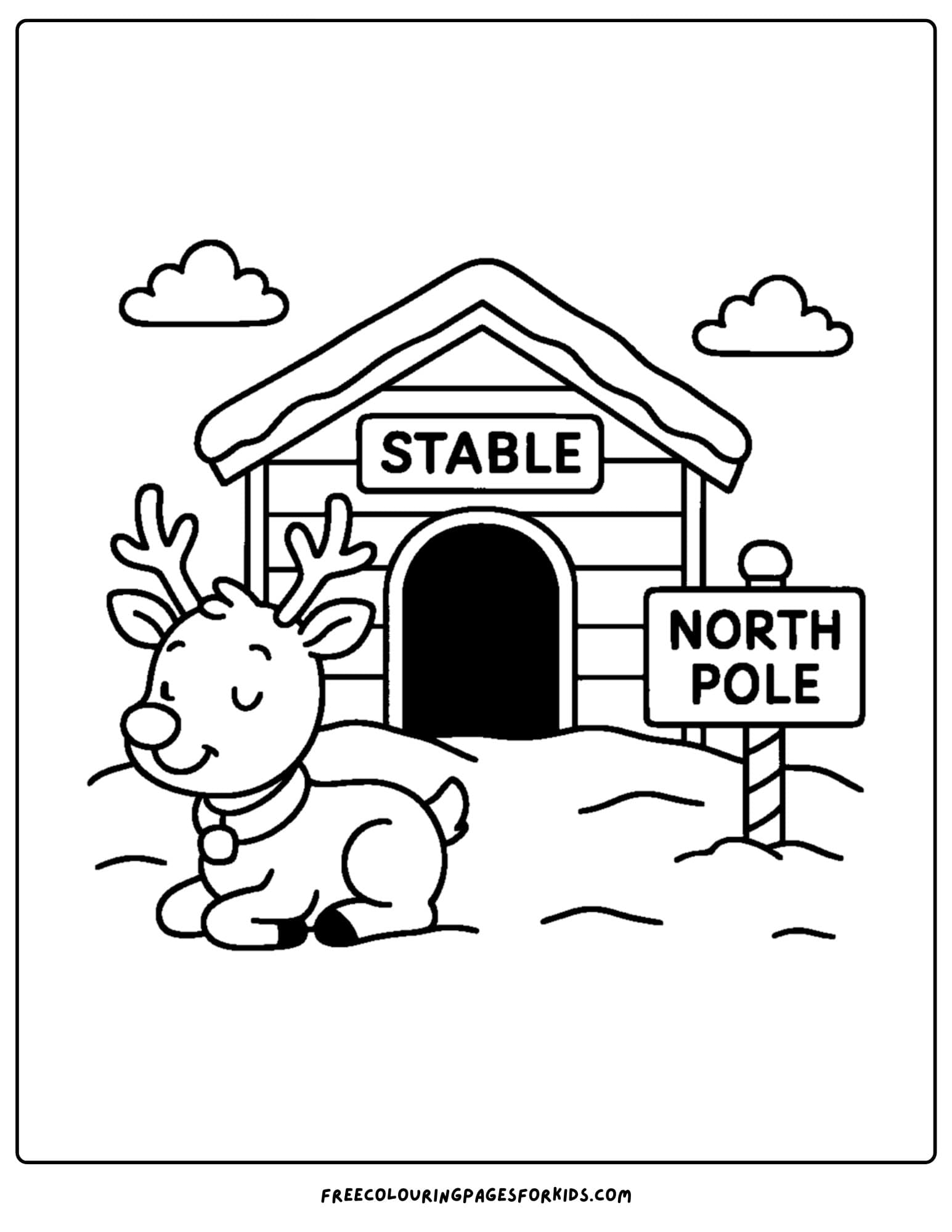 a reindeer coloring page featuring reindeer outside the stable at the north pole