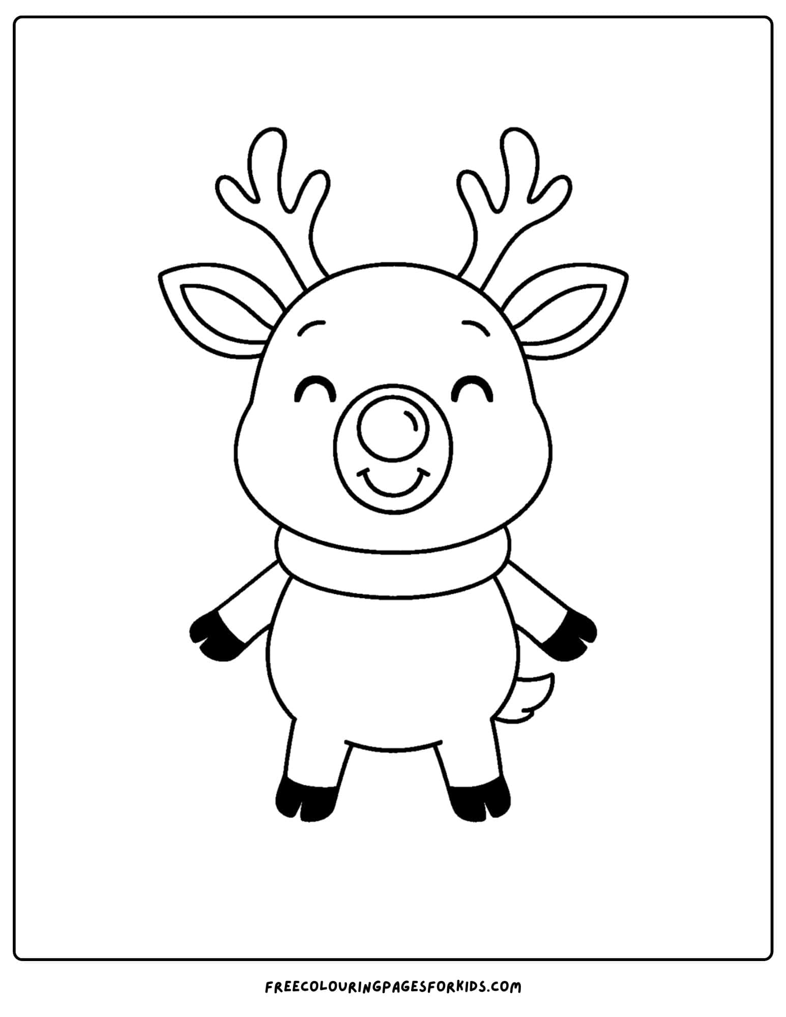 a reindeer coloring page featuring a smiling rudolph the red nose reindeer