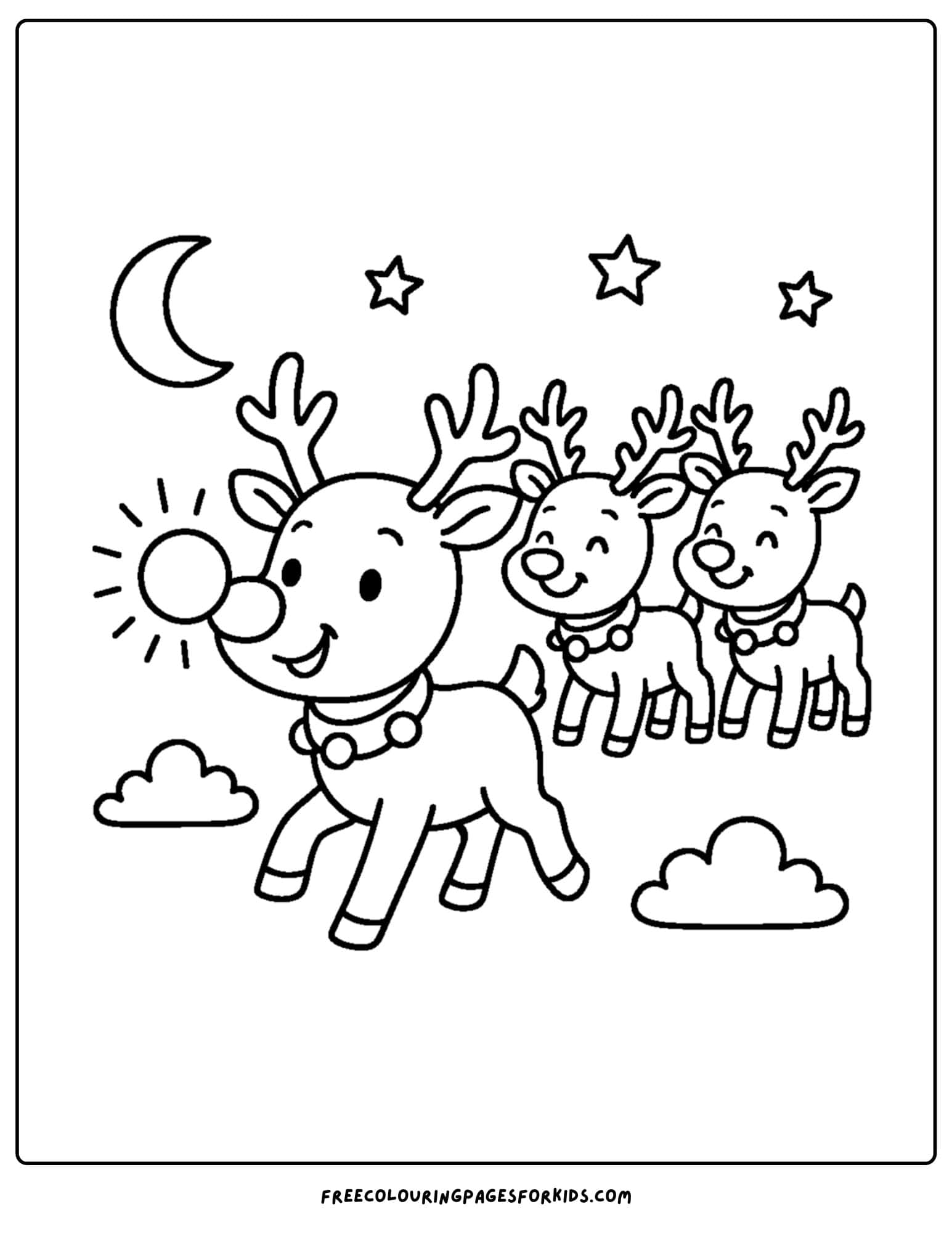 a reindeer coloring page featuring reindeer flying in the sky