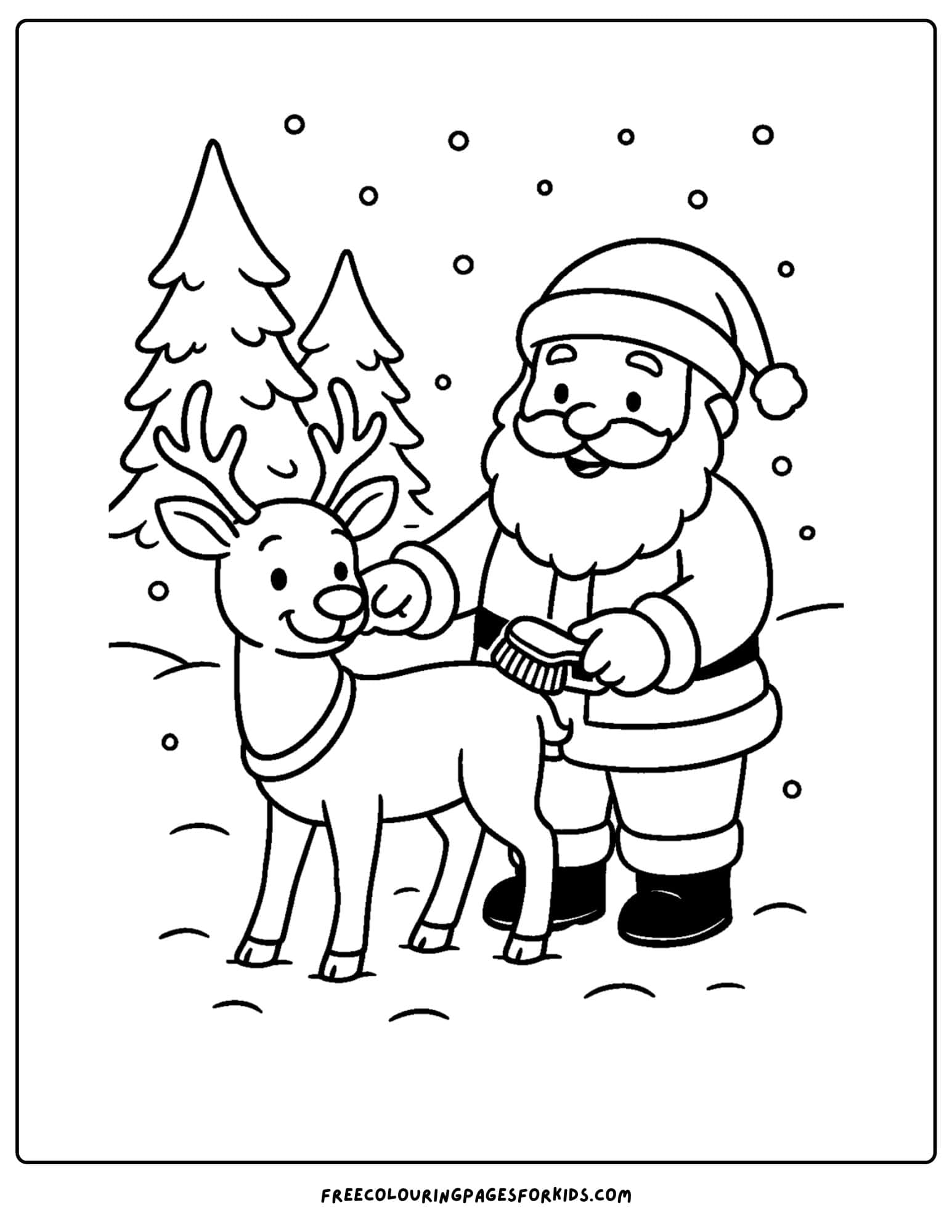 a reindeer coloring page featuring reindeer being brushed by santa