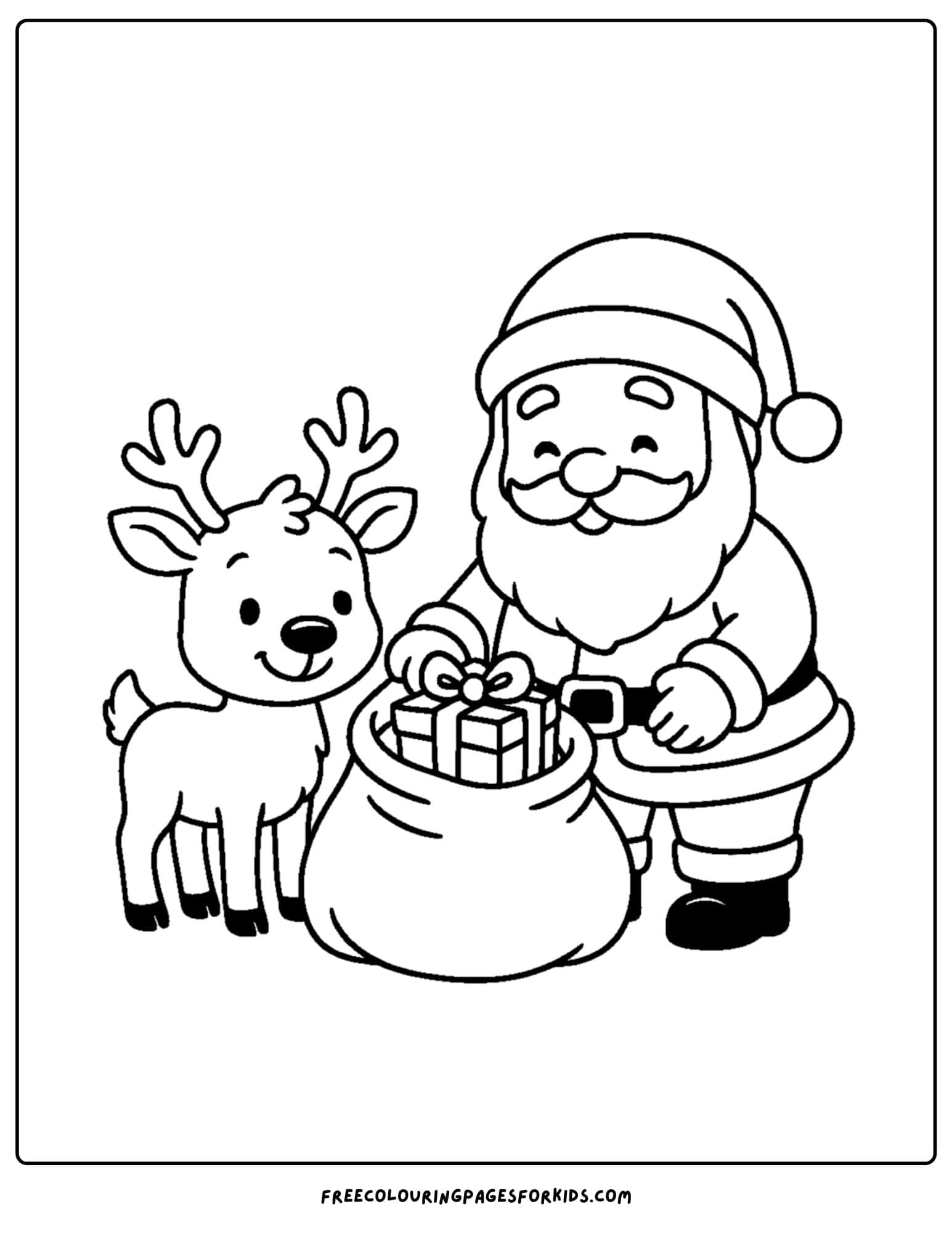 a reindeer coloring page featuring reindeer and santa checking his toy sack