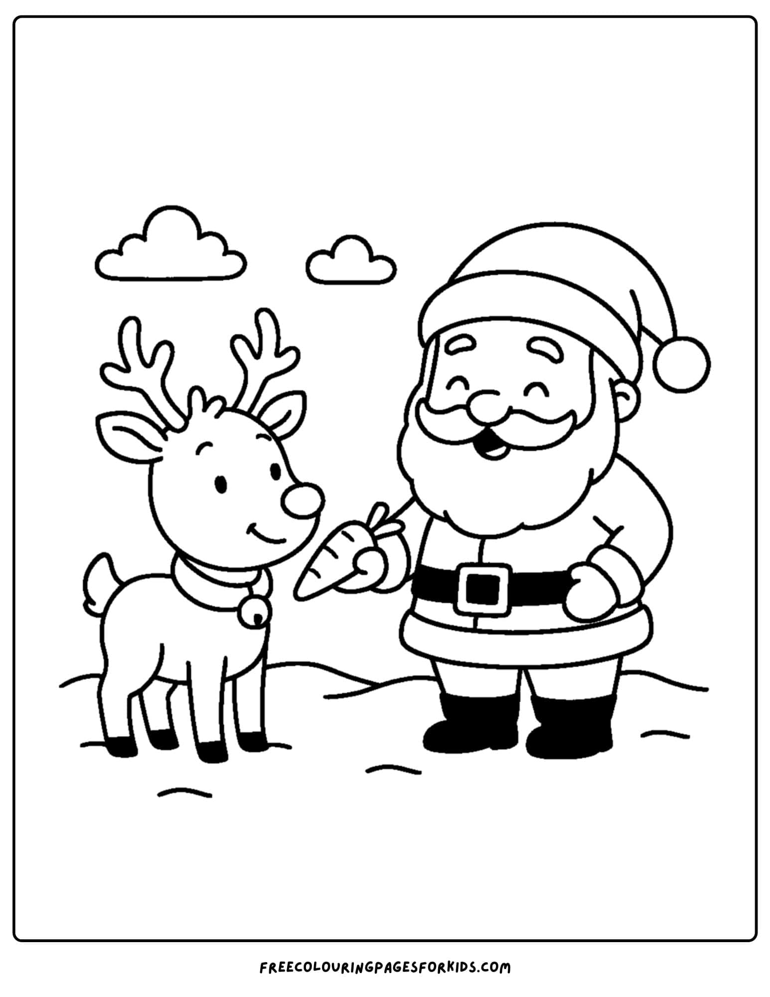 a reindeer coloring page featuring reindeer getting a carrot from santa