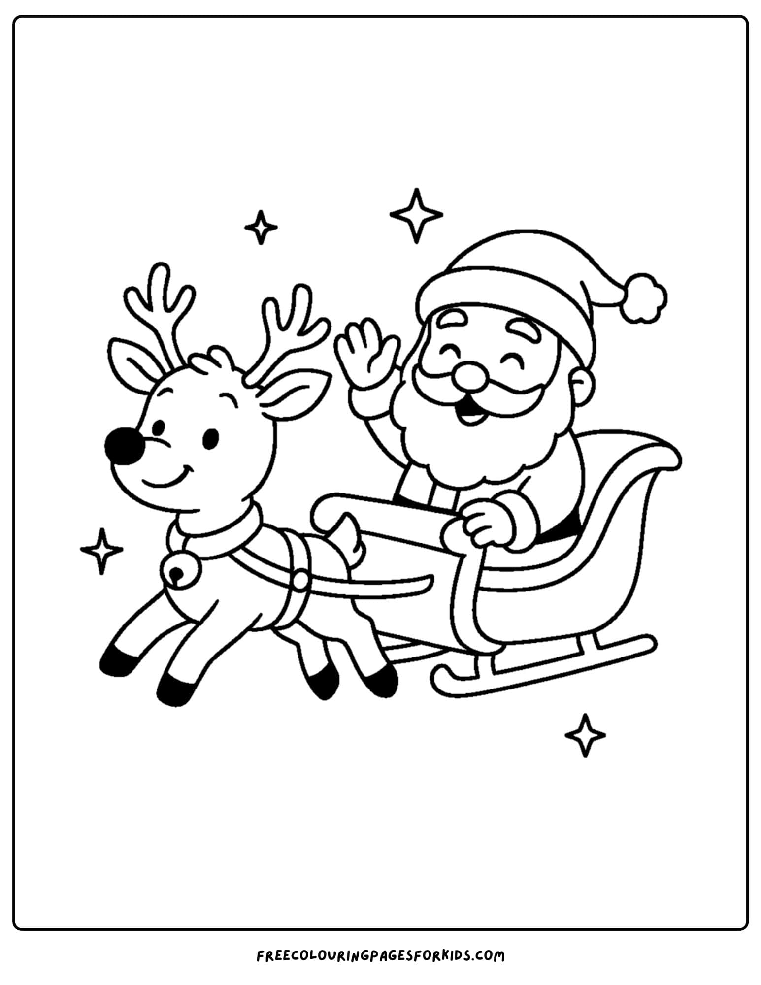 a reindeer coloring page featuring reindeer pulling santa's sleigh as hes waving