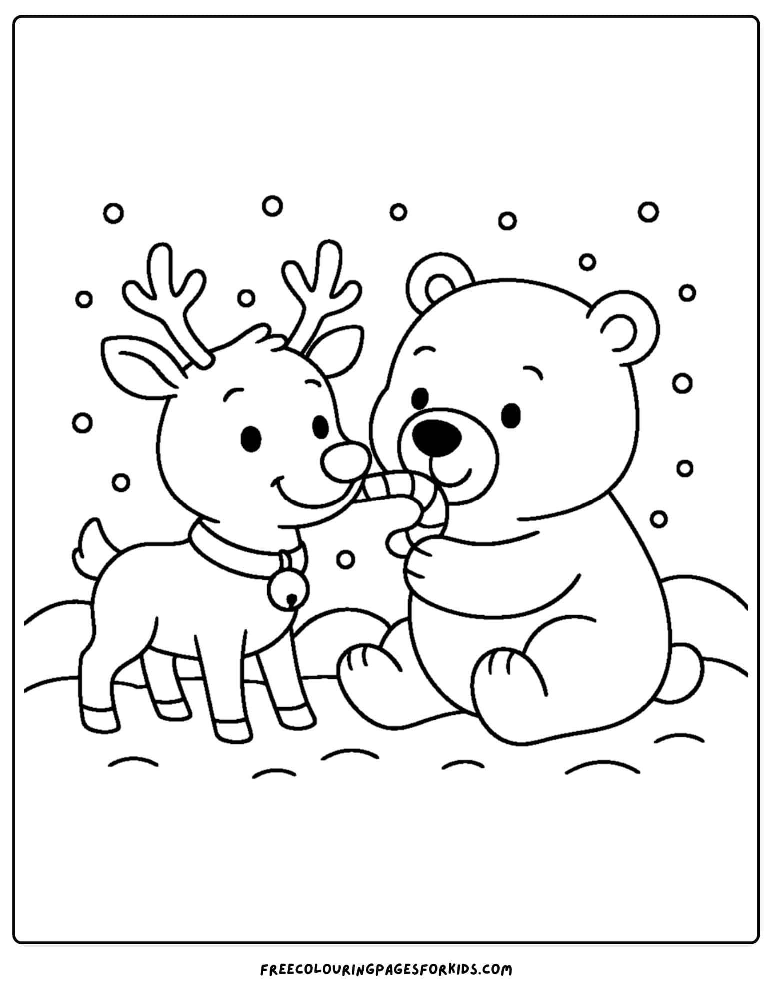 a reindeer coloring page featuring reindeer sharing a candy cane with a polar bear