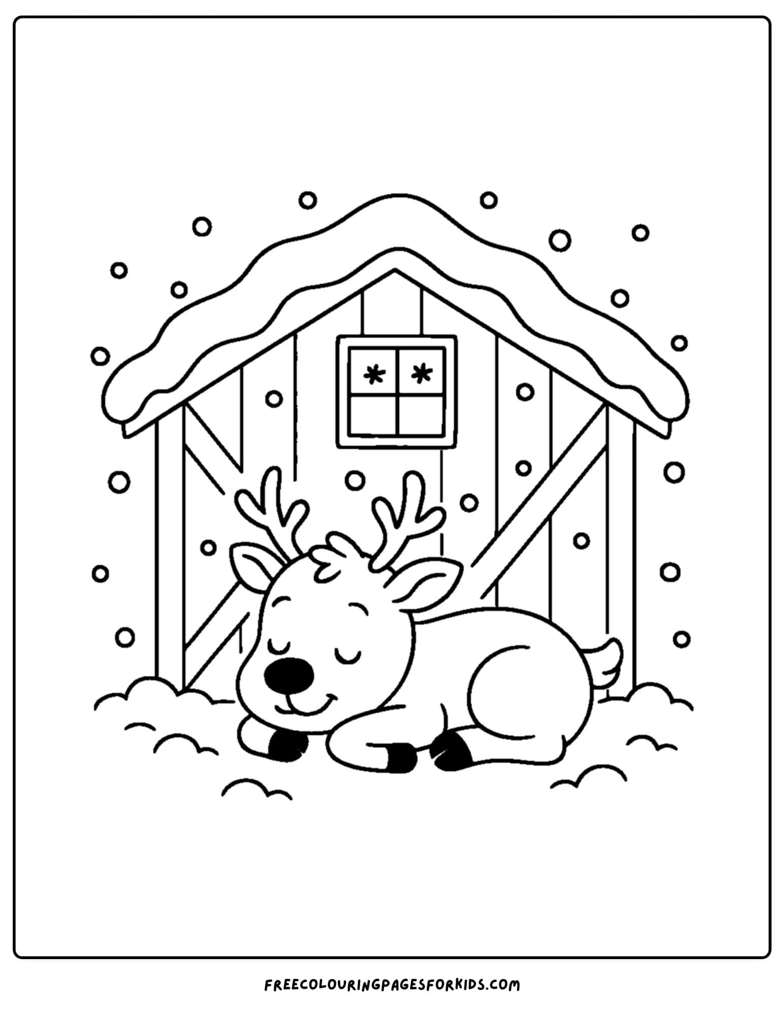 a reindeer coloring page featuring reindeer sleeping outside a barn