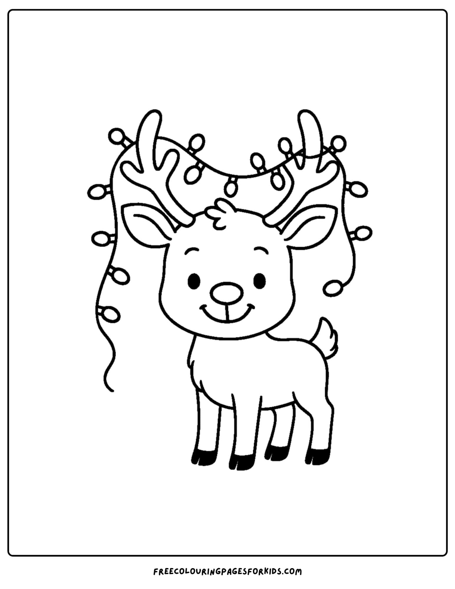 a reindeer coloring page featuring reindeer with christmasa lights tangled in its antlers