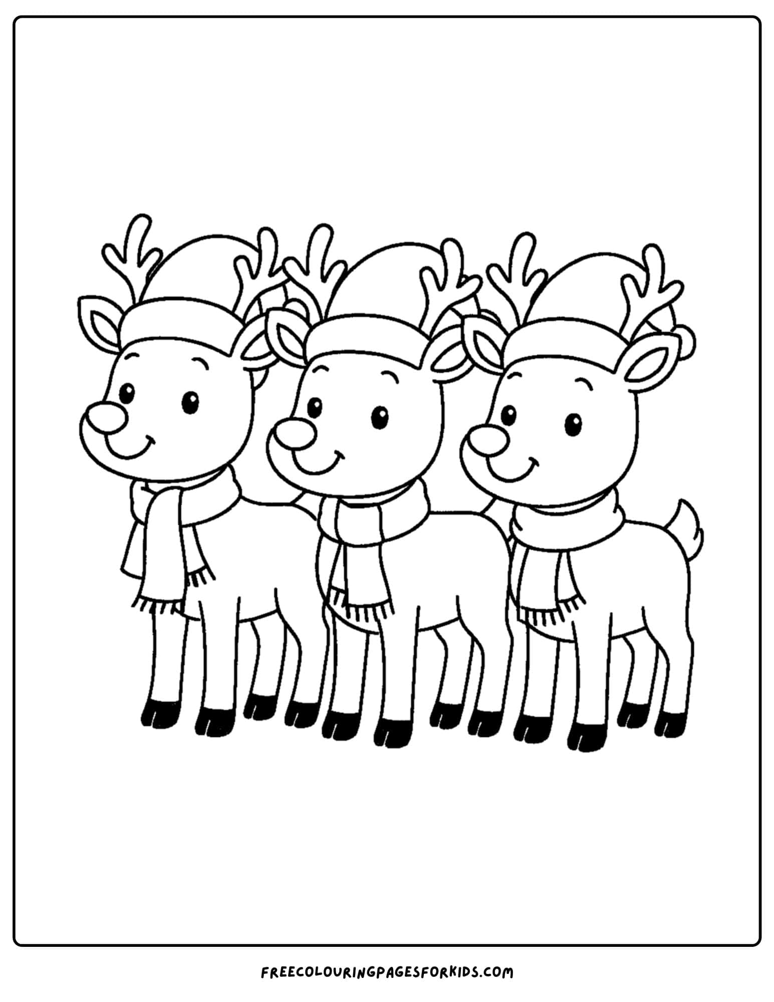 a reindeer coloring page featuring reindeer all wearing hats and scarves