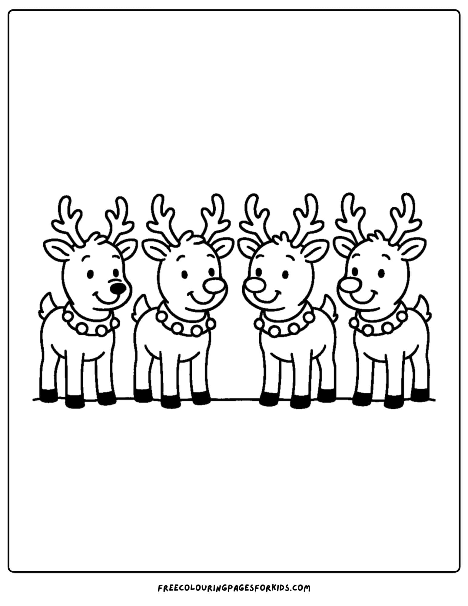 a reindeer coloring page featuring reindeer line up together with jingle bells on