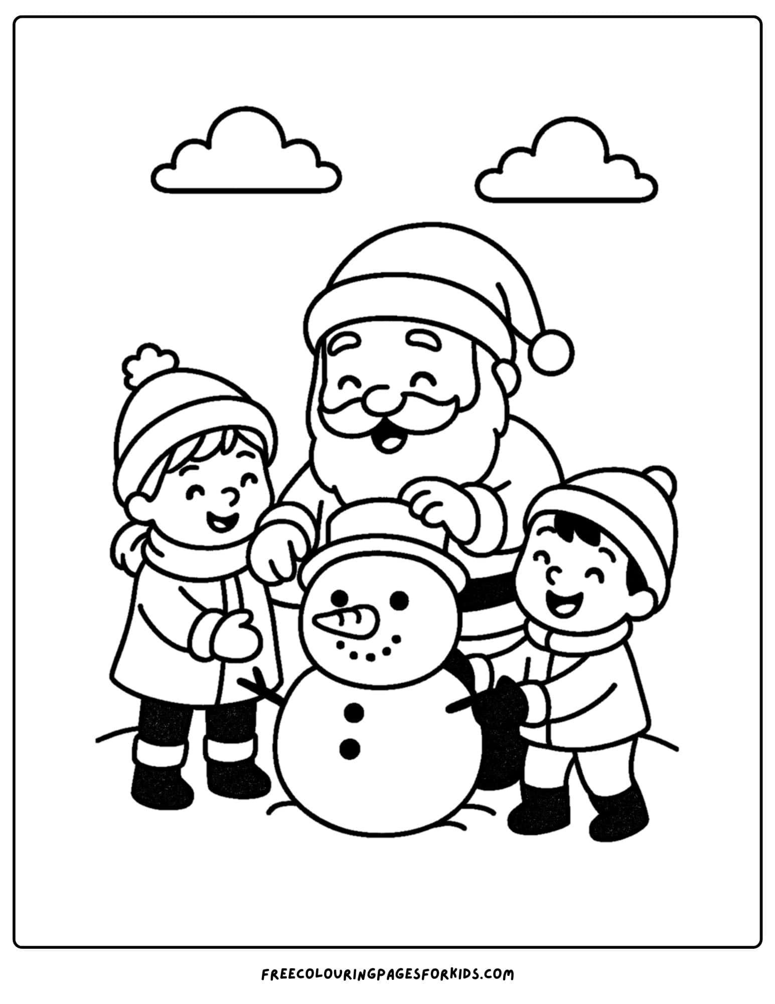 a santa coloring page featuring santa and children making a snowman