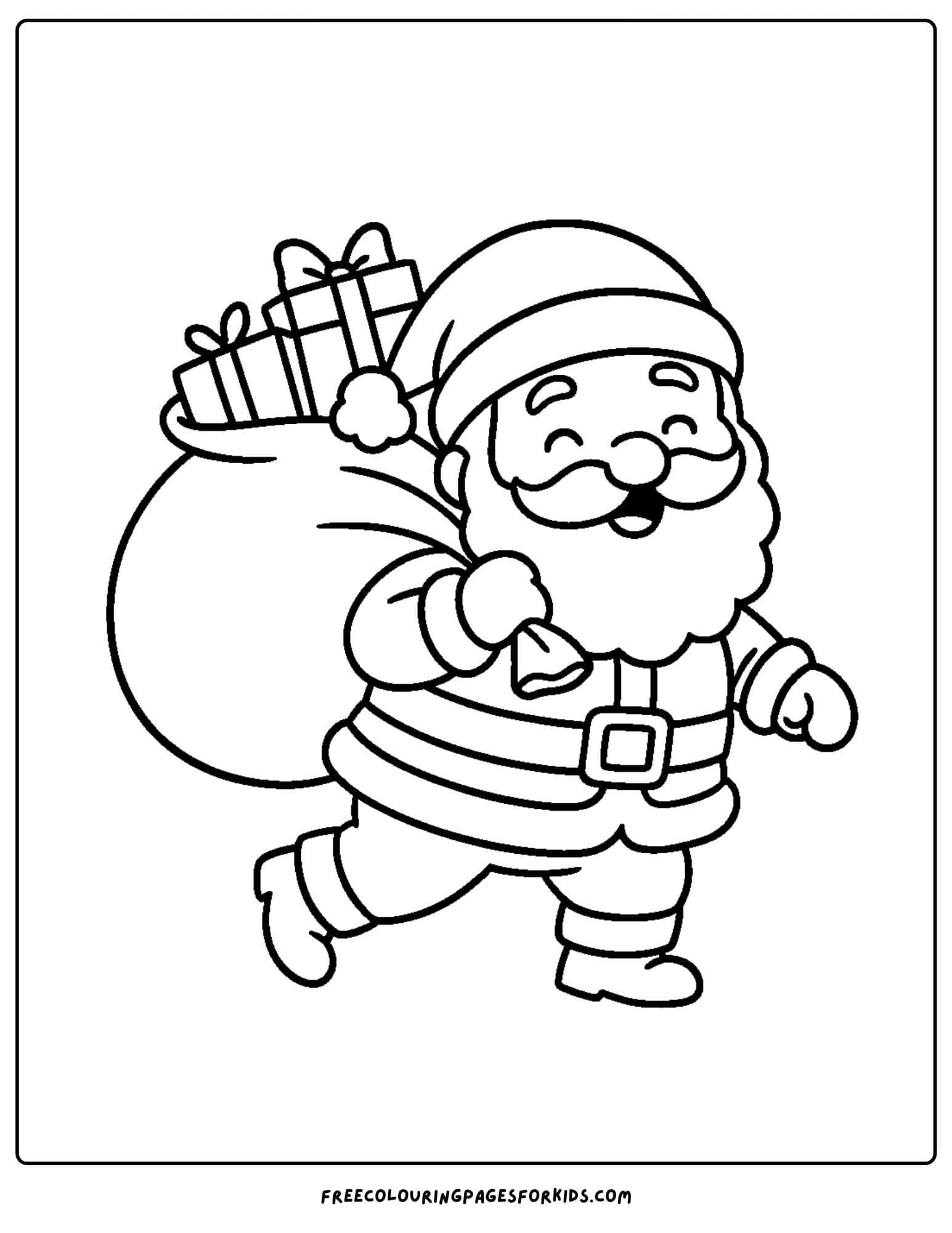 a santa coloring page featuring santa carrying a sack of presents