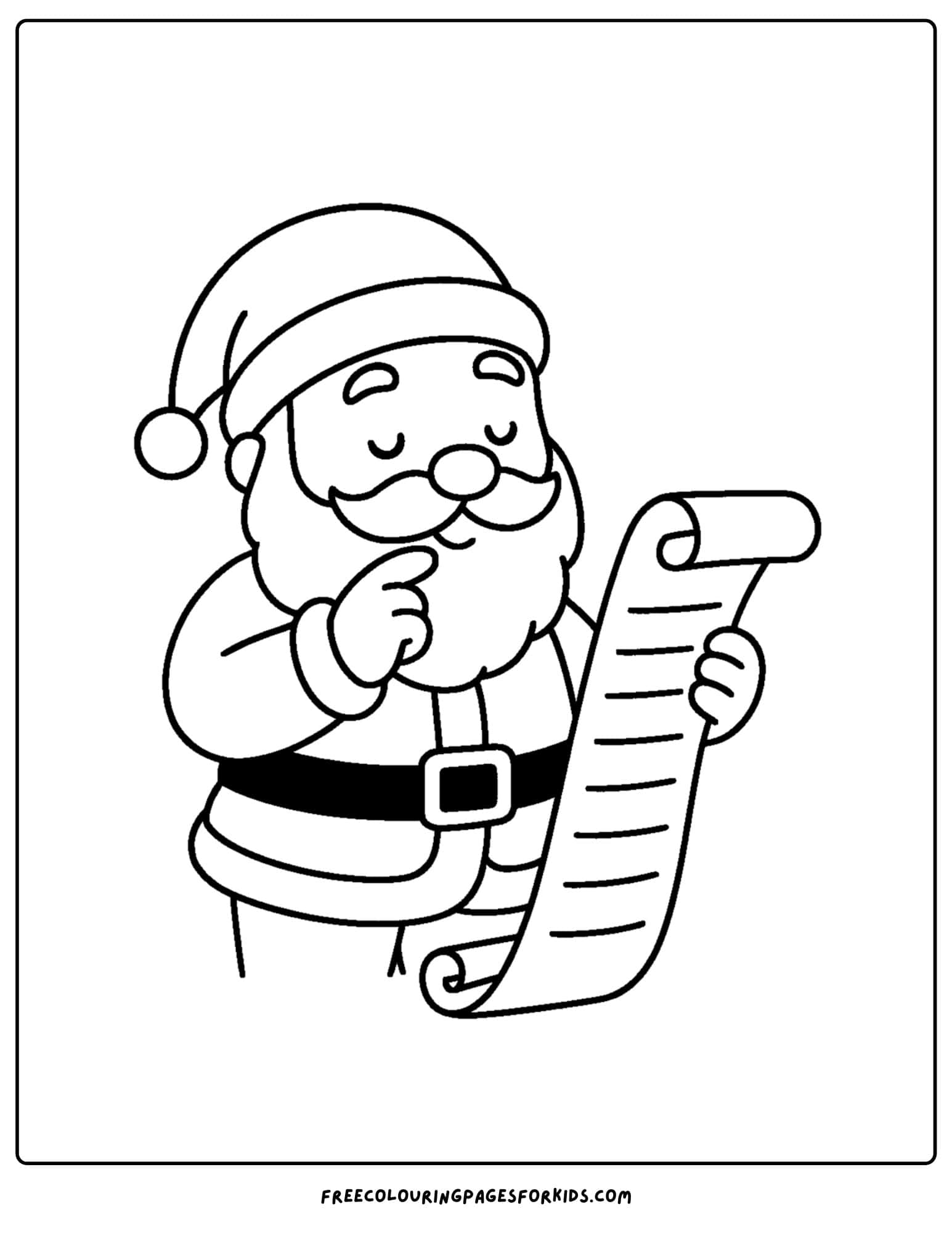 a santa coloring page featuring santa checking his naught and nice list