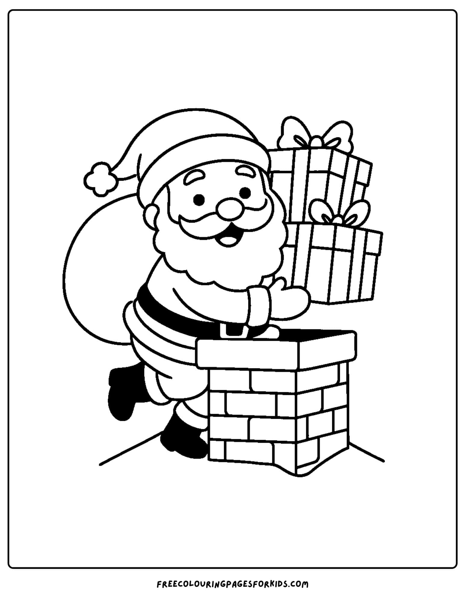 a santa coloring page featuring santa climbing down a chimney