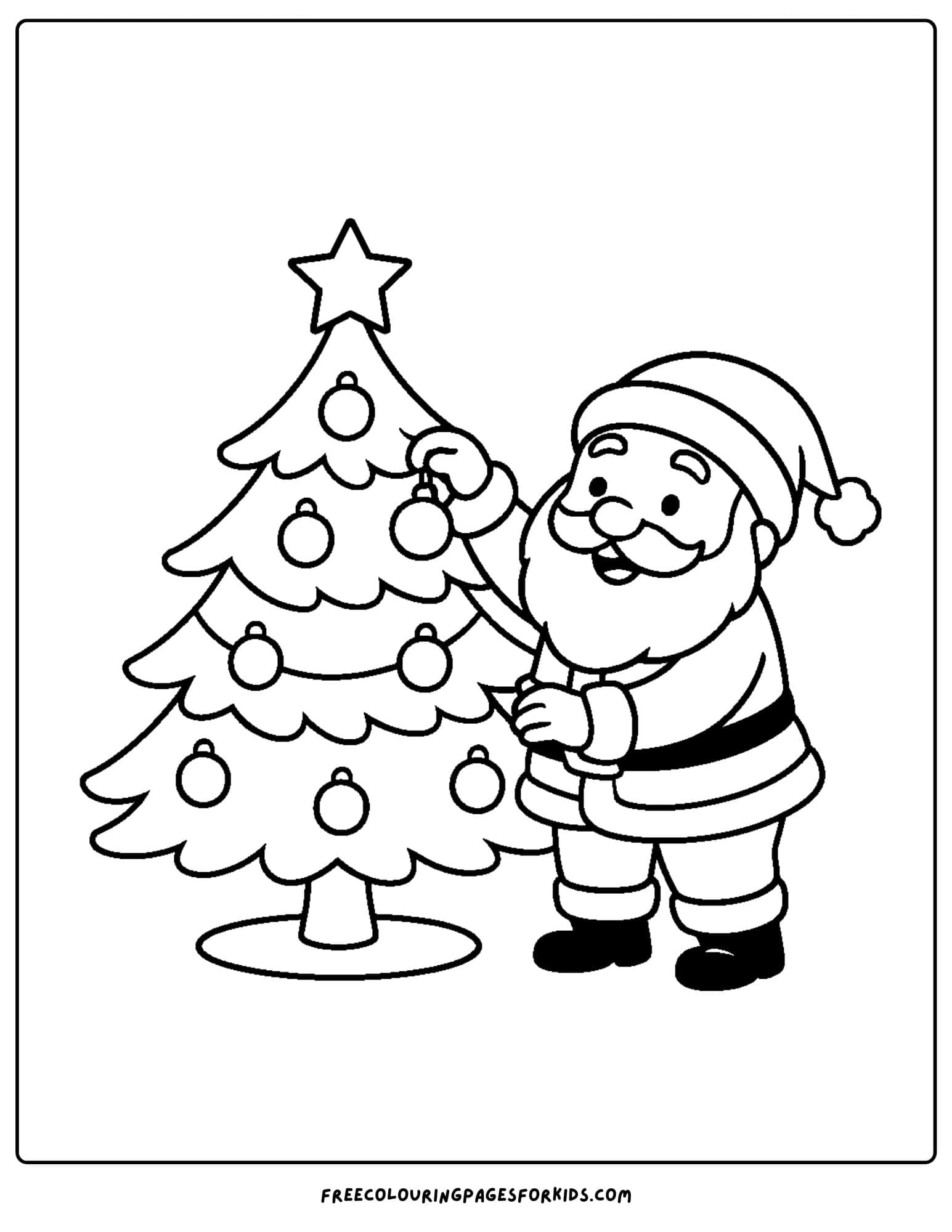 a santa coloring page featuring santa decorating a christmas tree