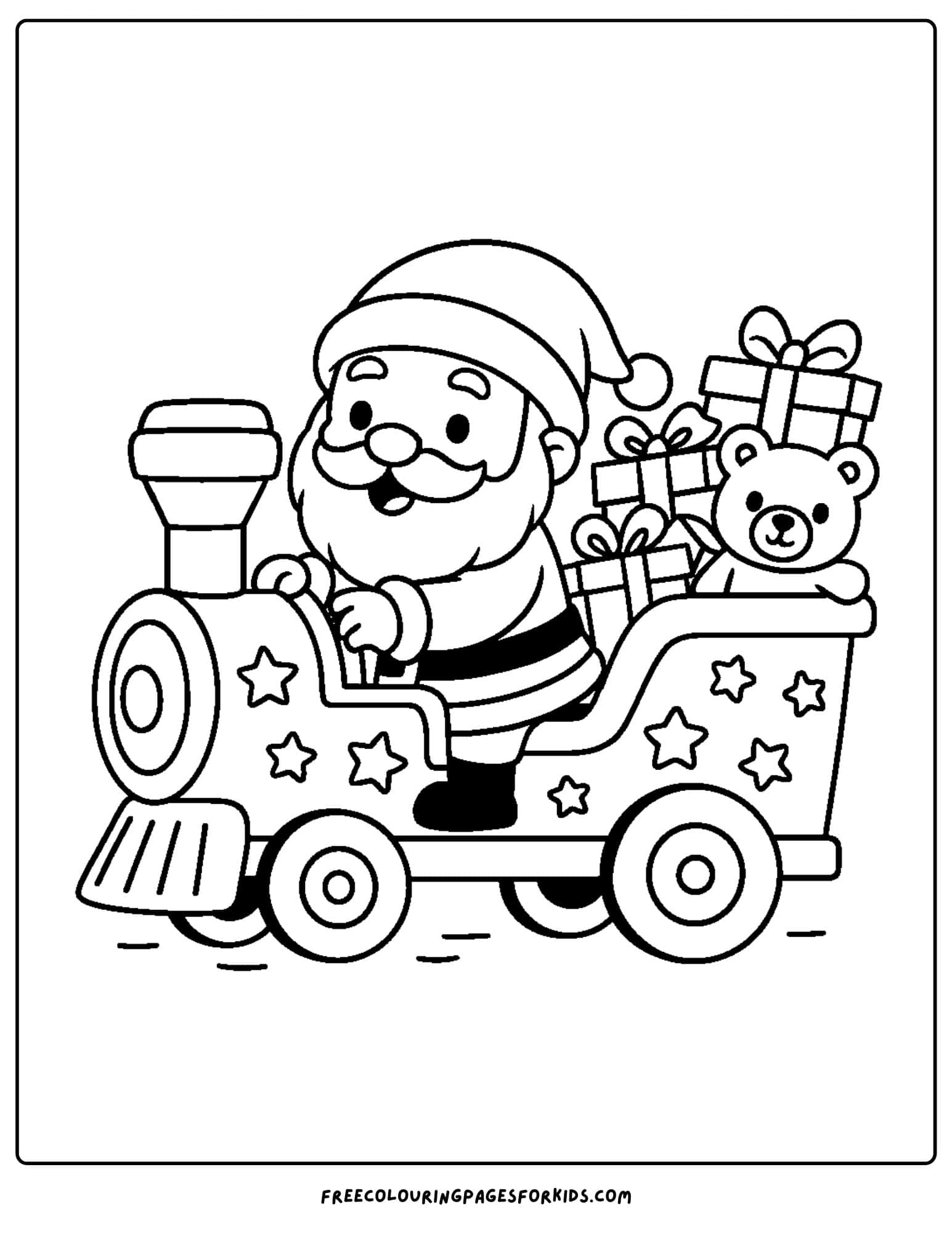 a santa coloring page featuring santa driving a toy train full of presents